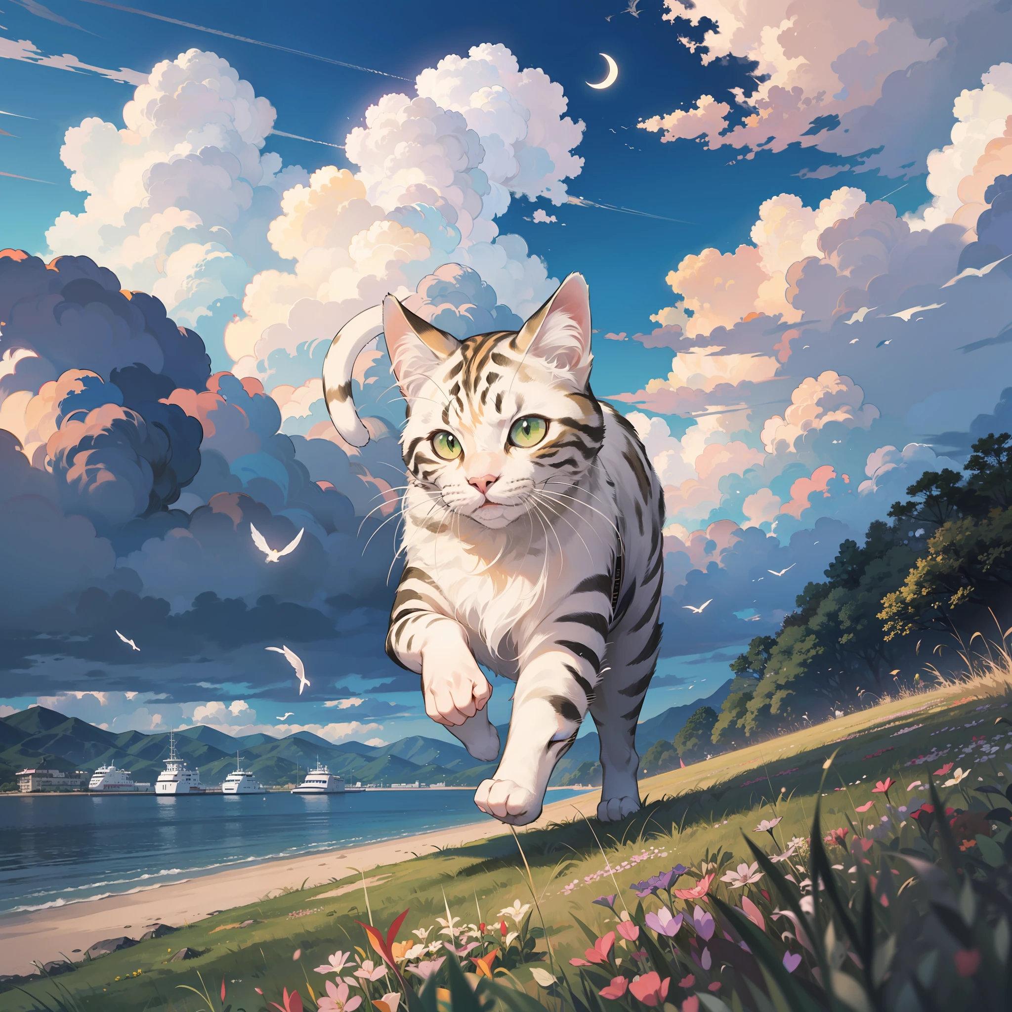 running cat, silver tabby, white crescent moon on forehead, clouds, happy, happy, cloudy sky, four legs, one tail, outdoor, travel, sky, dusk, pleasant breeze, kagawa, seto inland sea, solo, full body, back view, animal, dynamic arrangement, dynamic angle, 8k, {{{masterpiece}}},