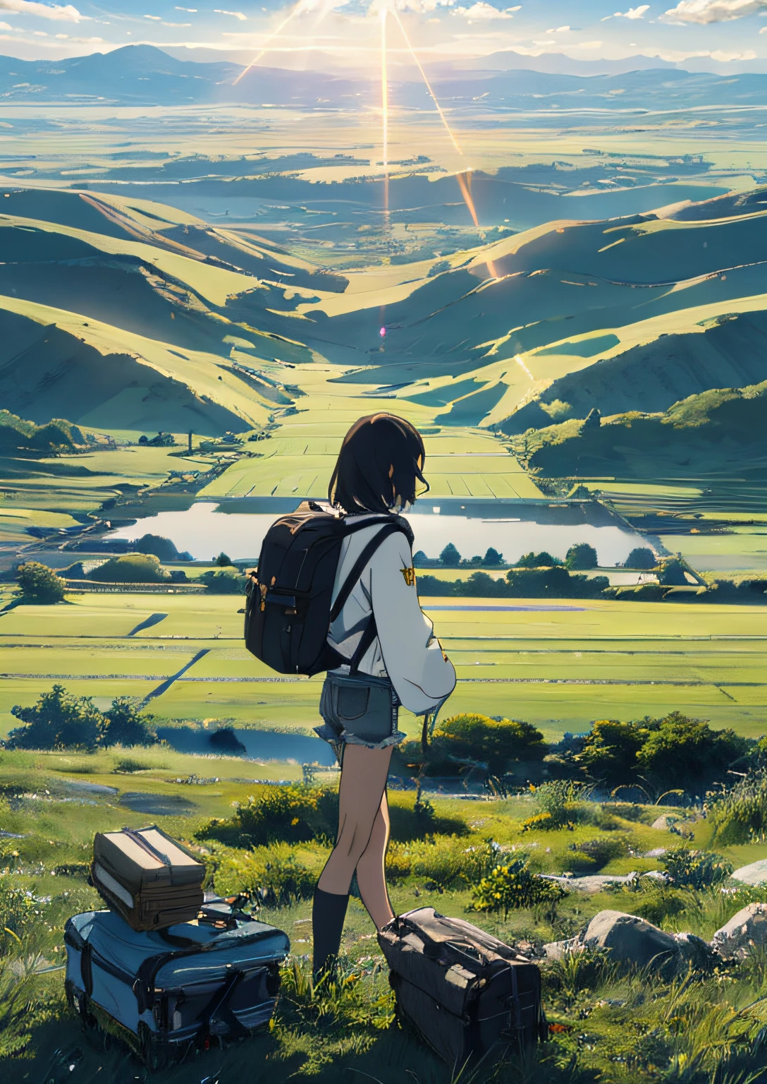 The vast sky, beautiful skyline, large grasslands, extremely tense and dramatic pictures, moving visual effects, the high-hanging Polaris, and colorful natural light. A long-sleeved top, denim shorts, and a girl with a backpack.