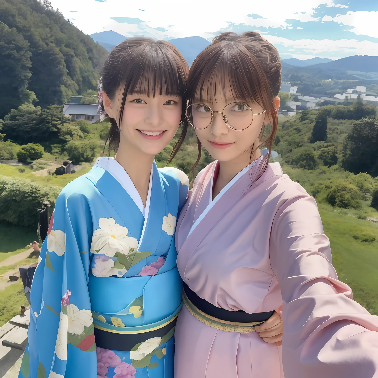 A Japan young girl in a blue kimono and a young Russian girl wearing a purple kimono and round glasses on her face are taking selfies. Japan girl puts her hands on the waist of a Russian girl. The background is a farming village in Nara Prefecture in Japan, a landscape seen from a high mountain, with a blue sky, distant mountains, spreading fields and greenery