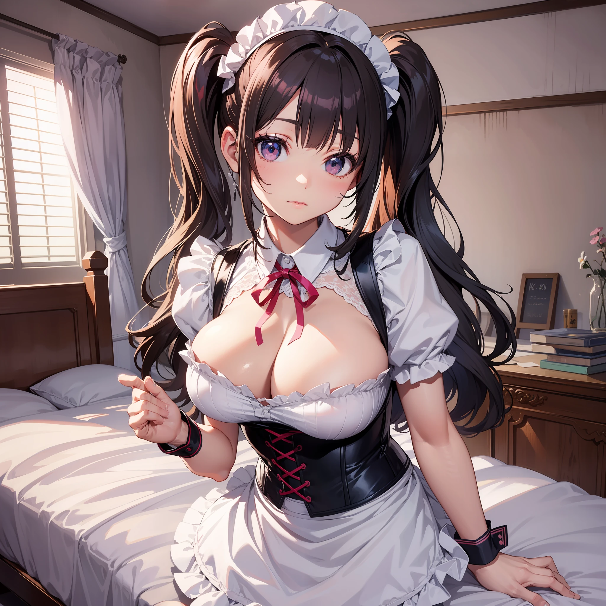 (masterpiece)), ((best quality)), (ultra-detailed), ((kawaii)), cute, (lovely), ((extremely detailed)), 4K, (8K), best quality, (beautiful), full body, age, solo, ((gigantic breasts)), (((sagging breasts))), armpits, ((curvy)), mikuru1, 1girl, asahina mikuru, twintails, solo, large breasts, apron, puffy short sleeves, (name tag:0.9), long hair, corset, waitress, white apron, wrist cuffs, pink dress, frills, bangs, maid, ribbon, from side, on the bed