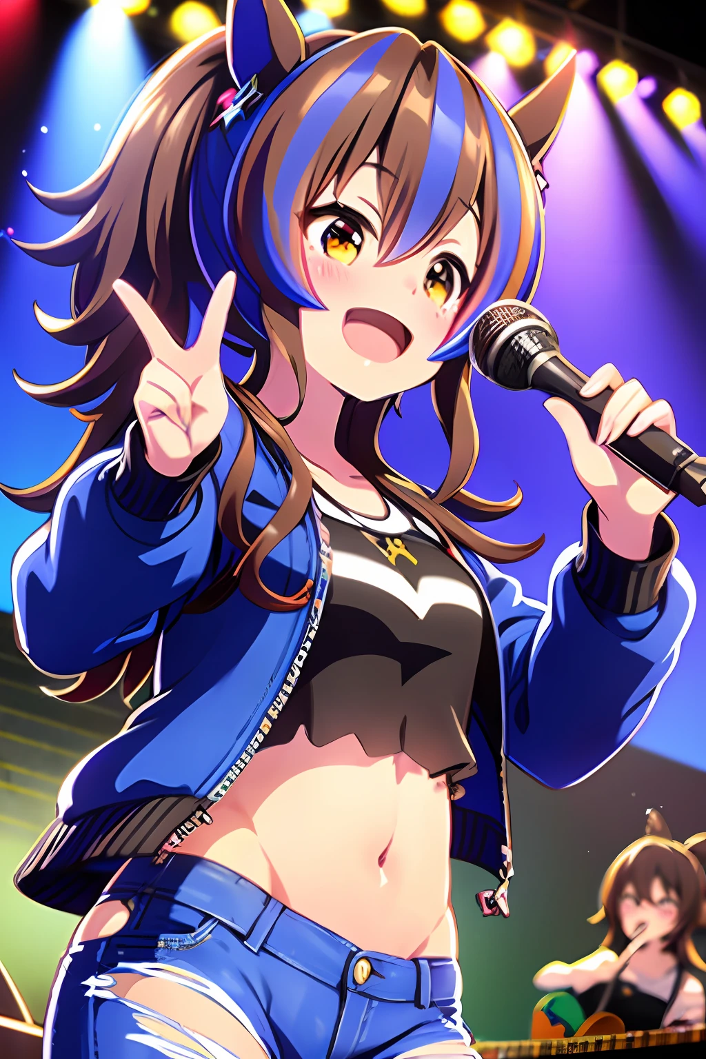 masterpiece, Top Quality, Hi-Res, Hmochako, Blush, daiwa_scarletdaiwa Scarlet (umamusume\), Black jacket, Long sleeves, Crop top, Navel, Torn jeans, Singing, Open mouth, Smile, Stage, Holding a musical instrument, Guitar,