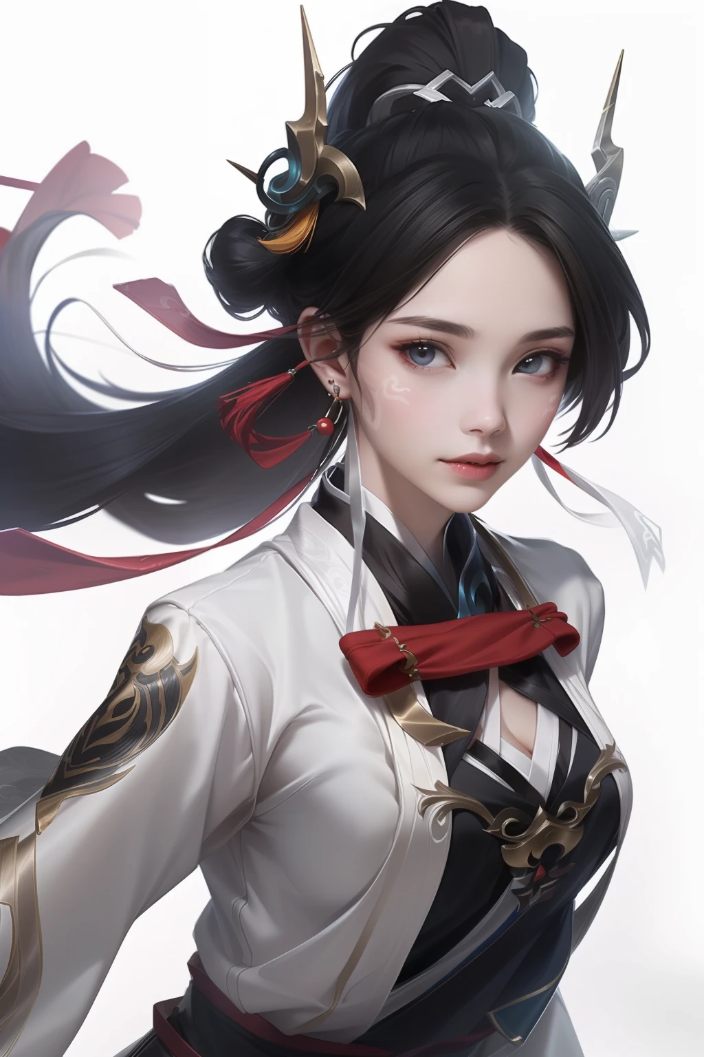 Realism, (Masterpiece, Top Quality, Best Quality), ((Wuxia World, Xiuxian, Chinese Wuxia,)), (1 Girl Solo), (Gentle Eyes), (Hanfu, Tulle Streamer), (Hairpin, Long Black Hair), (Hanfu), Light Pink Lips, (Young), Earrings, White Skin, (Clear Facial Features, Detailed Skin Texture, Beautiful Face, Facial Highlight, Perfect Full Body Portrait), White Background, Standing, Slim Figure, 8K UHD, DSLR, Soft Light, High Quality, High Resolution, (very detailed CG unity 8k wallpaper)