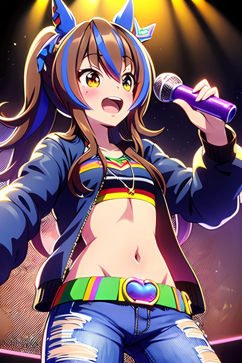 masterpiece, Top Quality, Hi-Res, Hmochako, Blush, daiwa_scarletdaiwa Scarlet (umamusume\), Black jacket, Long sleeves, Crop top, Navel, Torn jeans, Singing, Open mouth, Smile, Stage, Holding a musical instrument, Guitar,