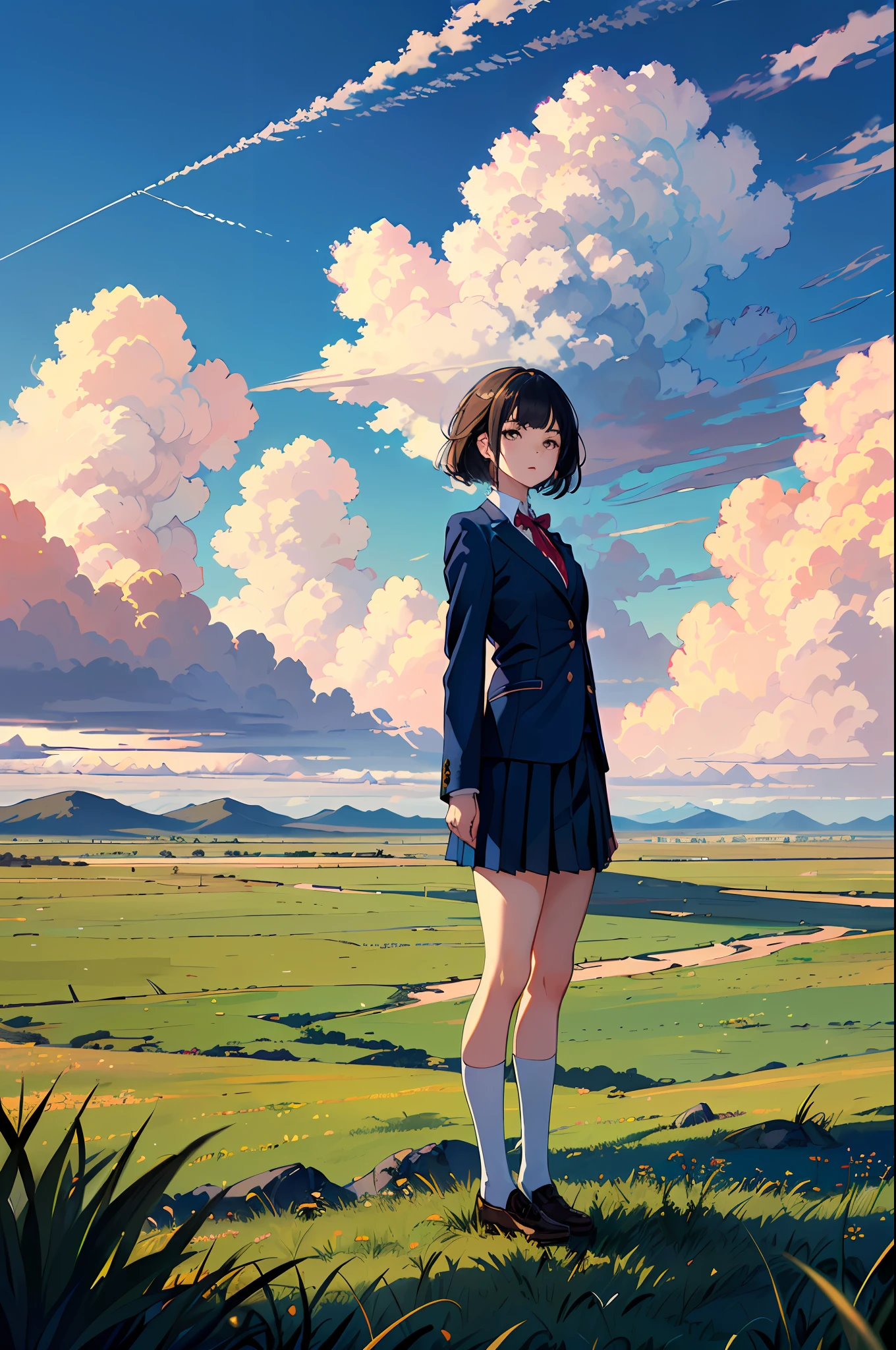 (1girl, tailored jacket, dark blue pleated skirt, school uniform), (full body, from bellow:1.2), absurdres, highres, ultra detailed, scenery, landscape, (wide shot:1.4), (grasslands, blue sky, cumulonimbus cloud:1.3), (soft focus, diffusion Filter), dreamy ambiance