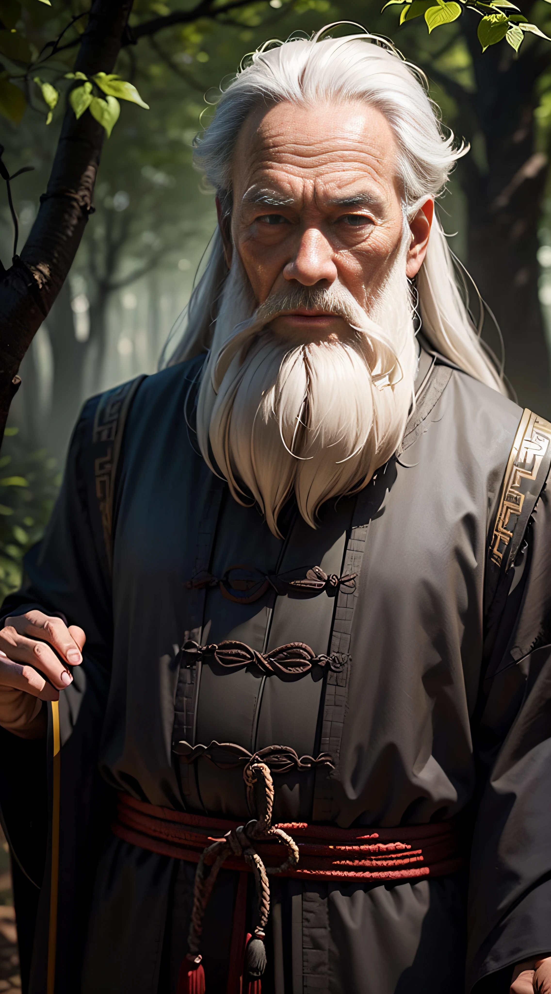 An old man of ancient China full of wisdom, with long gray hair, long beard, thin and tall figure, kind eyes, upper body, front shot, background is blurred woods, light is dark, in the evening --auto