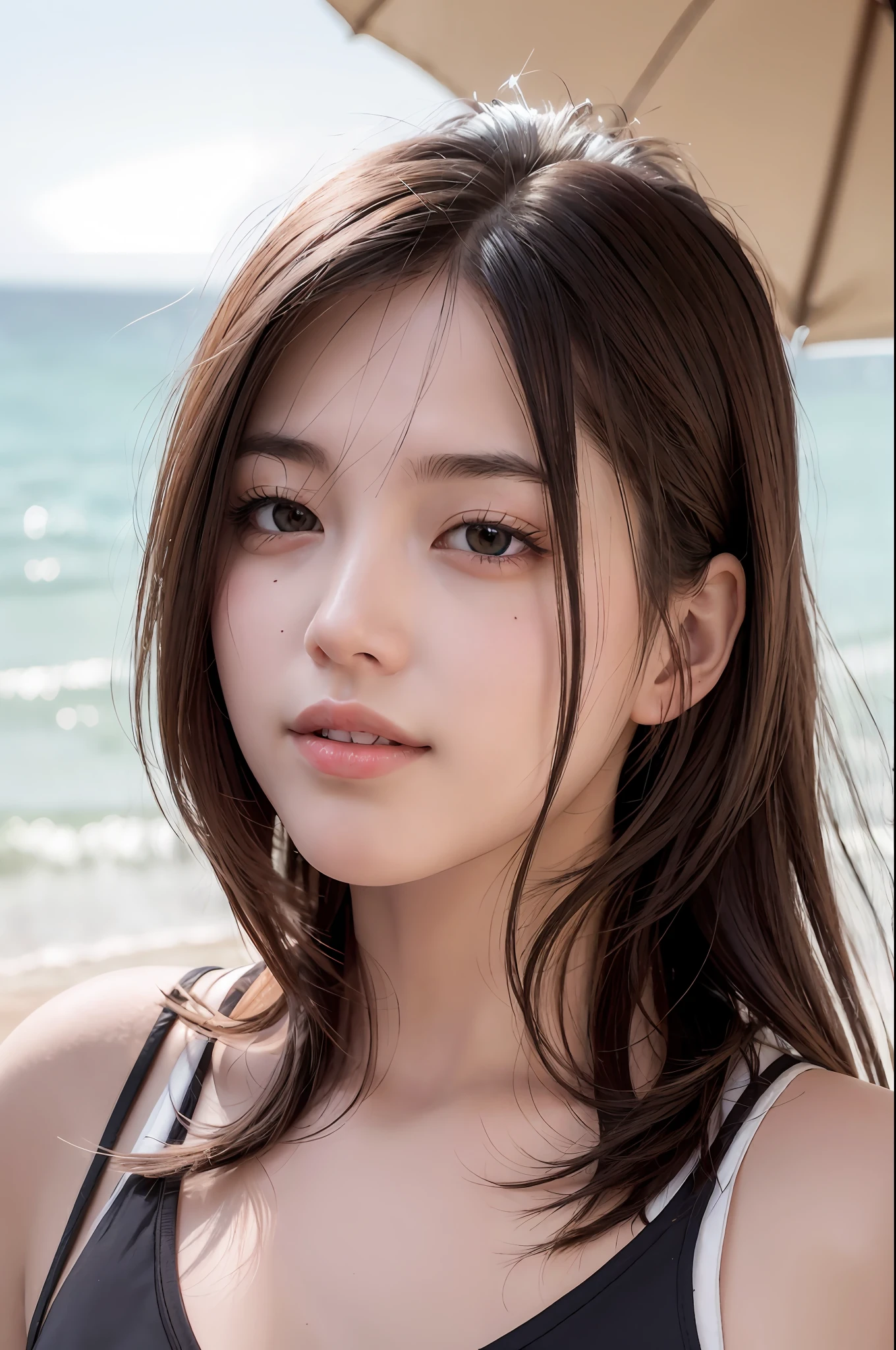 (8K, Top Quality, Masterpiece: 1.2), (Realistic, Photorealistic: 1.37), Super Detail, 1 Girl, 23 years old, Big, Beauty, Beautiful and perfect face, Natural smile, Solo, Beach, pretty legs, (Nose), (Smile: 1.15), (Mouth closed), Beautiful eyes, (Long hair: 1.2), Floating hair Novafrog style, upper body