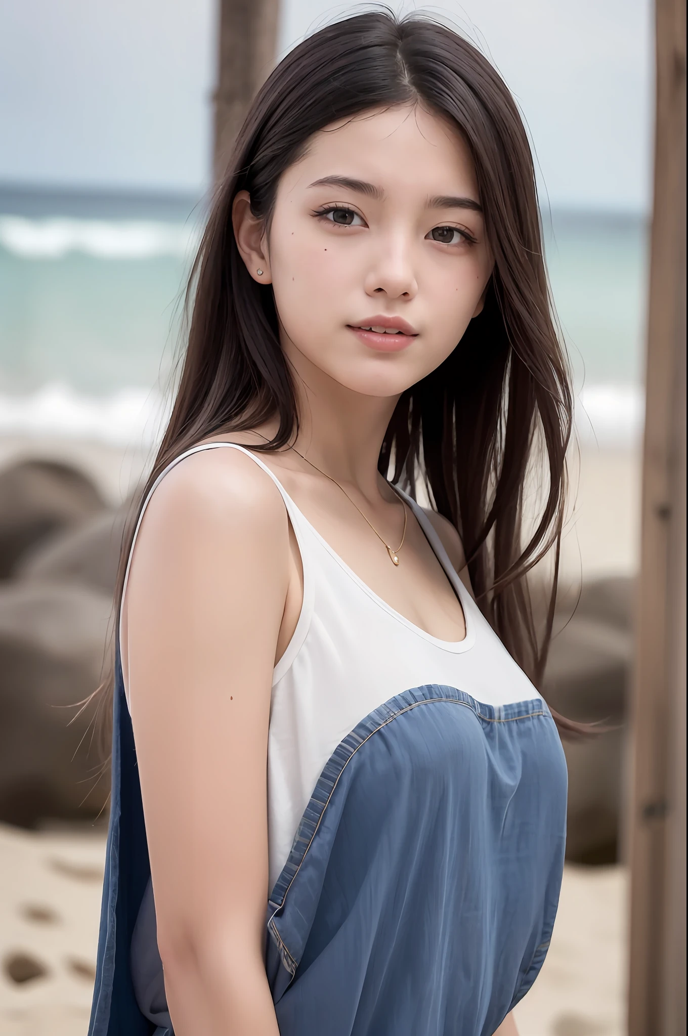 (8K, Top Quality, Masterpiece: 1.2), (Realistic, Photorealistic: 1.37), Super Detail, 1 Girl, 23 years old, Big, Beauty, Beautiful and perfect face, Natural smile, Solo, Beach, pretty legs, (Nose), (Smile: 1.15), (Mouth closed), Beautiful eyes, (Long hair: 1.2), Floating hair Novafrog style, upper body