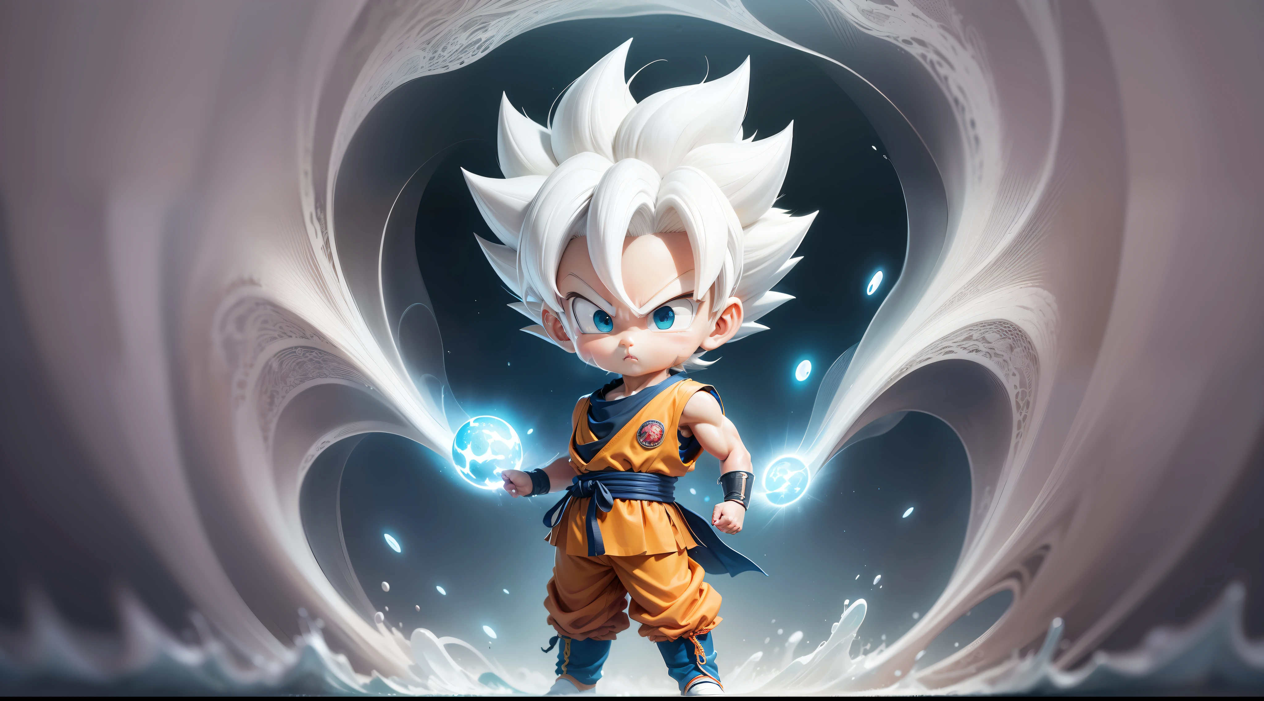 (Masterpiece), (Extreme Quality), (Ultra Detailed), (Full Body: 1.3), 9 son goku in dragon ball comic by Akira Toriyama, solo, (Chibi: 1.2), Cute, (white hair:1.2), (shape reaching infinity instincts), magical waterscape, full body in photo, ((masterpiece)), (Beautiful delicate face), (Beautiful detailed eyes),