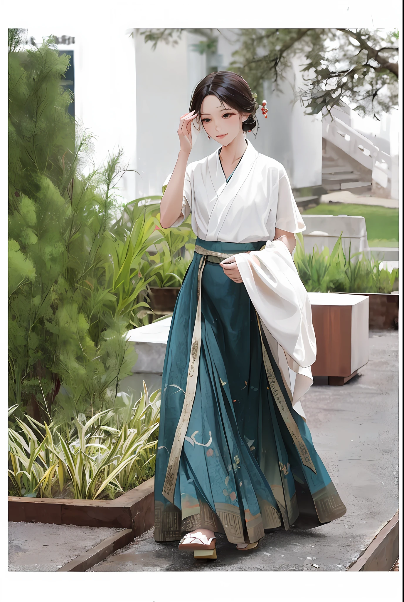 a woman in a long skirt walking down a sidewalk, hanfu, traditional chinese clothing, white hanfu, with acient chinese clothes, wearing ancient chinese clothes, inspired by Gu An, chinese style, dressed with long fluent clothes, white and teal garment, dressed in long fluent skirt, with ancient chinese aesthetic, inspired by Ma Yuanyu, traditional chinese