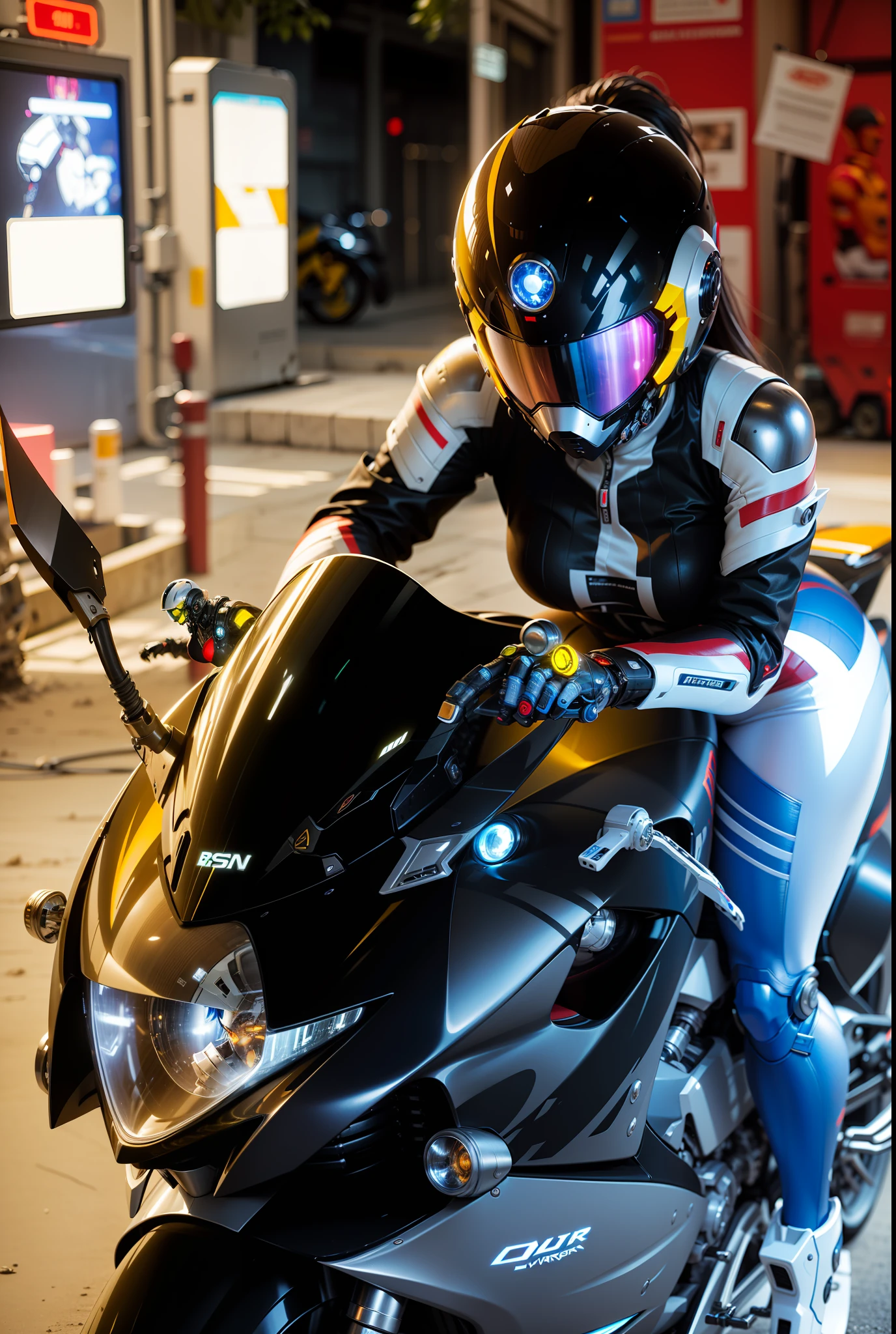 Cyber Warrior Woman and Cyber Mechanical Motorcycle, Full Body Exquisite High-Tech Armor, Exquisite Black Tech Helmet, Nousr, Biomechanics, MSHN Robot Man, High-Tech Helmet, Surreal, Steel, Intricate Design, Crazy Details, Fine Details, Extremely Clear Lines, Cinematic Lighting, Photo Realistic, Detailed Masterpiece