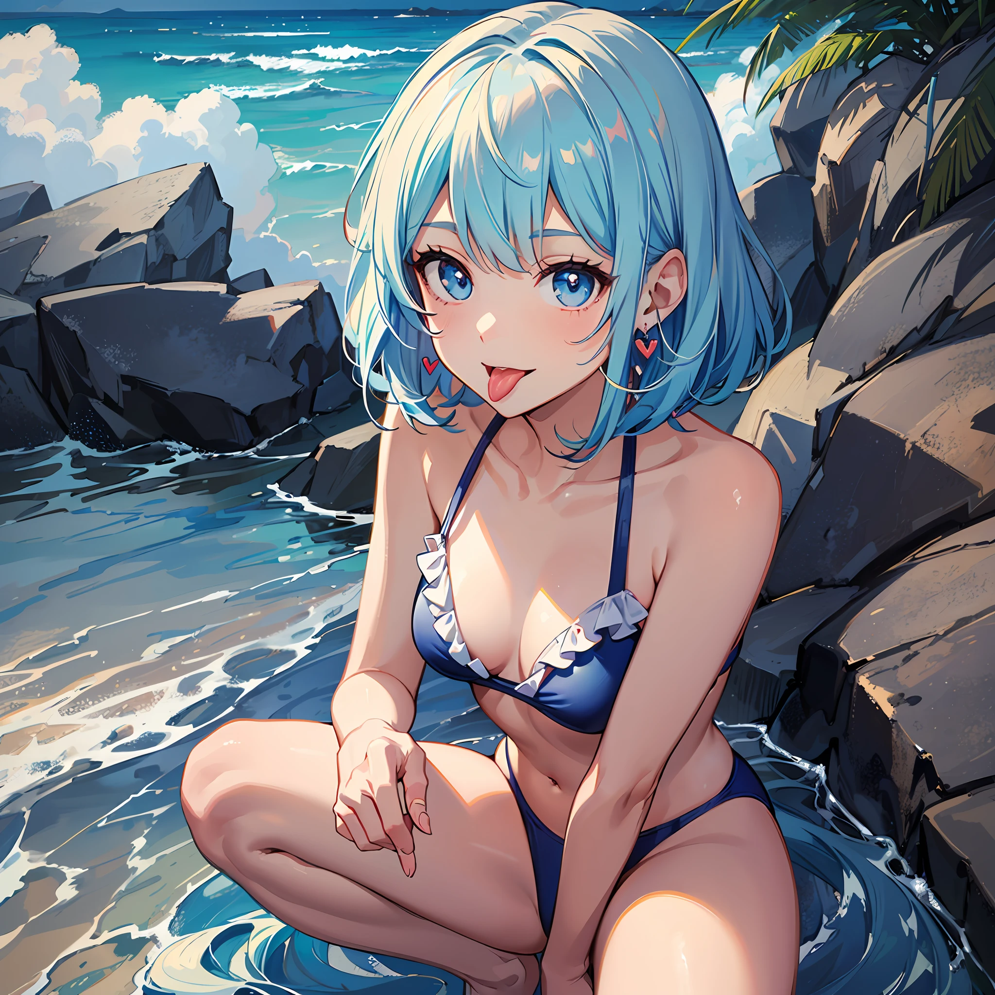(((Masterpiece))), ((Best Quality))), Hi-Res, On Thighs, Squatting, (Cute One Girl))), Solo, White Skin, Small, Eight-headed, (Light Blue Hair), ((Short Hair)), (Straight Bangs)), Beautiful Hair, Blue Eyes, Beautiful Eyes in Detail, (((Tongue)), Red Face, Smile, Heart, Bikini, Swimwear, Ruffles, Earrings, Outdoor, Beach, Shadow Lighting,
