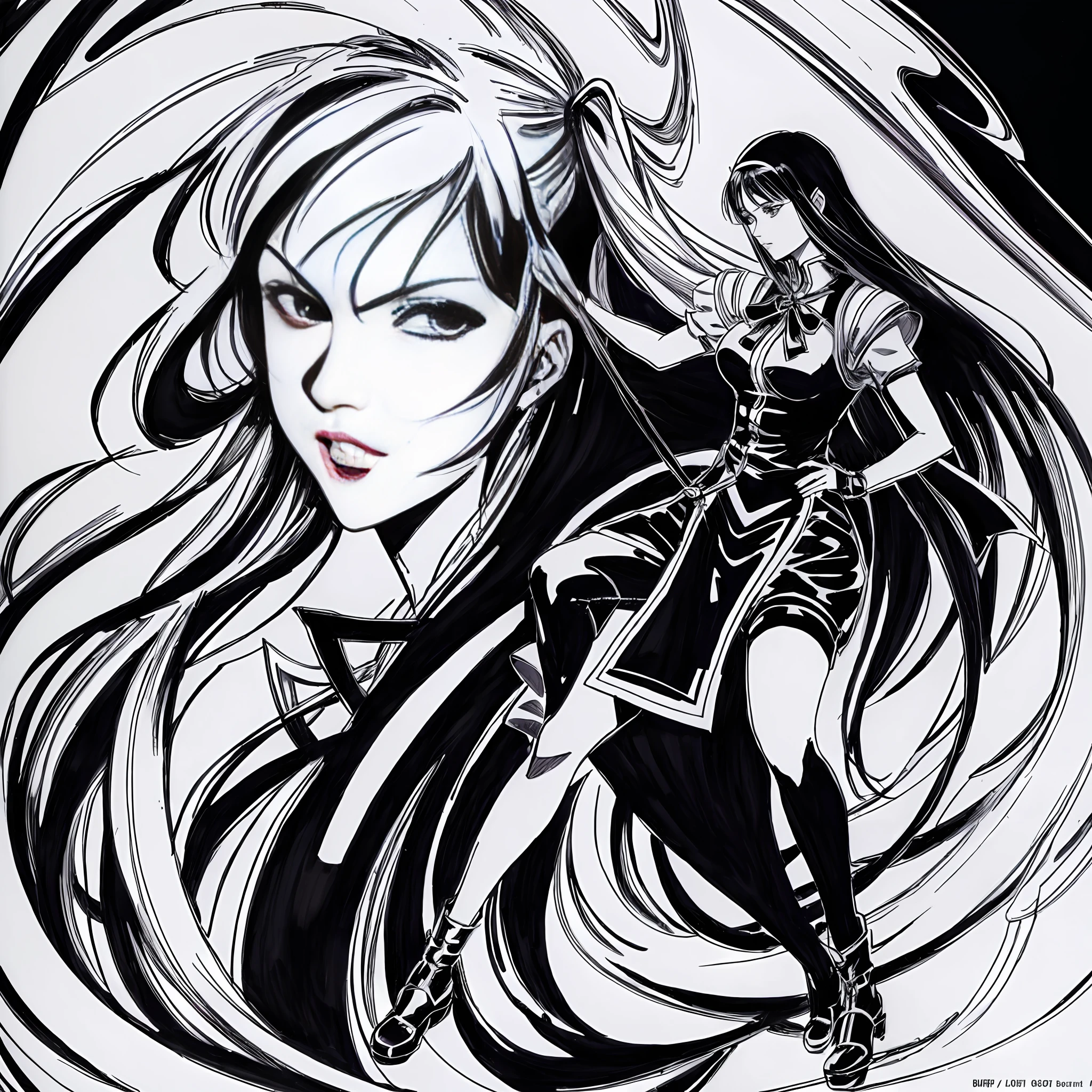 Anime masterpiece, a drawing of a woman with long hair and long hair, beauty in demon killer art, perfect anime body, long legs, big breasts, full body movement, 4K manga wallpaper, full body fighting pose, realistic light and shadow, beautiful line art, strong line art, ink art, brush art, Kentaro Miura manga art style, his manga full body portrait, Kentaro Miura's manga style, Shigeri Aishima illustration, highly detailed fine doujin art, Detailed comic style