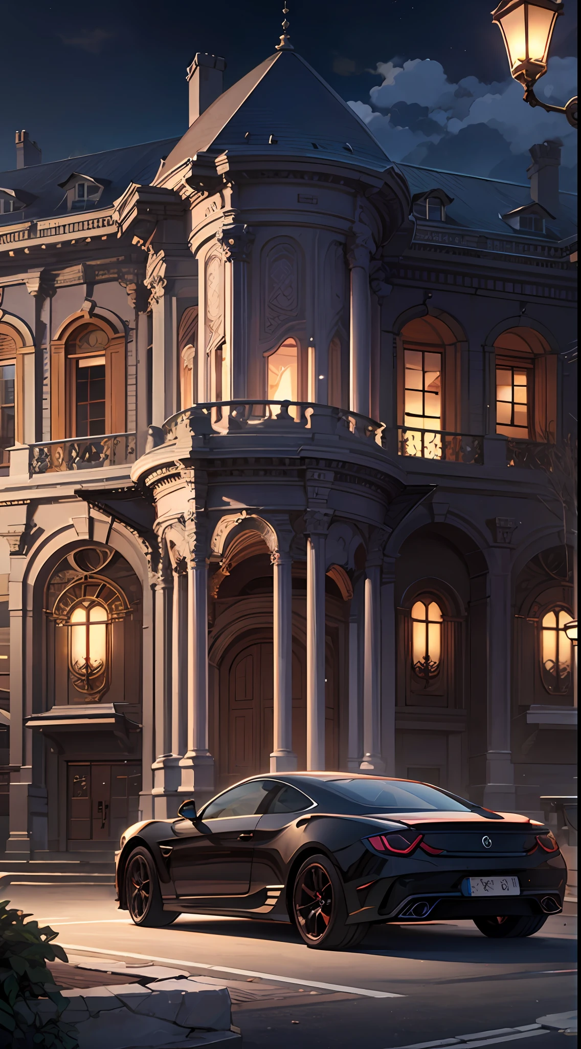 A luxurious villa, very magnificent villa, at night, luxurious chandeliers, the door of the villa, a lot of luxury cars parked, detailed digital animation art, digital animation art, high-quality anime art style, smooth anime CG art