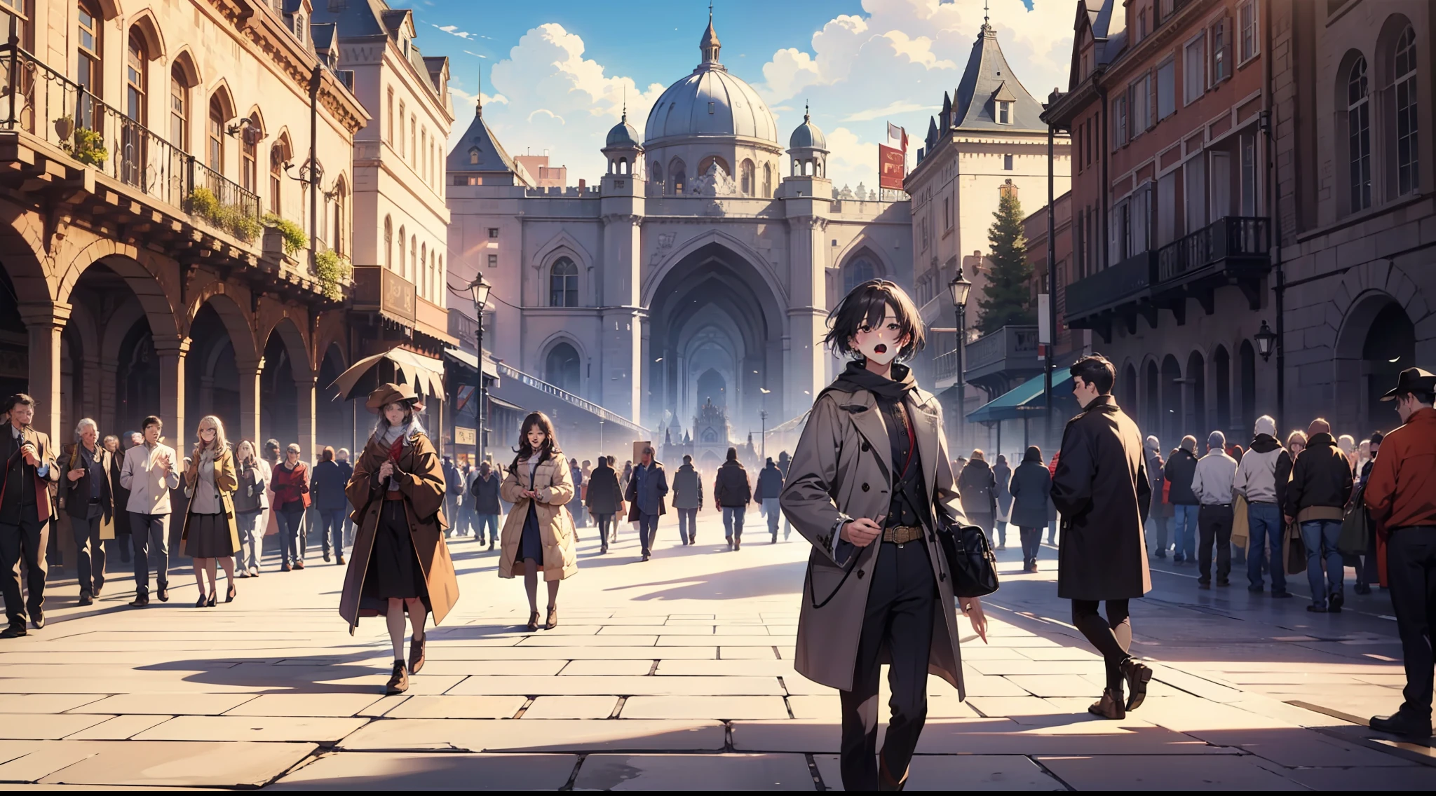1 male, 2 female, painful, open mouth, palace, castle, western-style town, square, crowd, looking at the same place