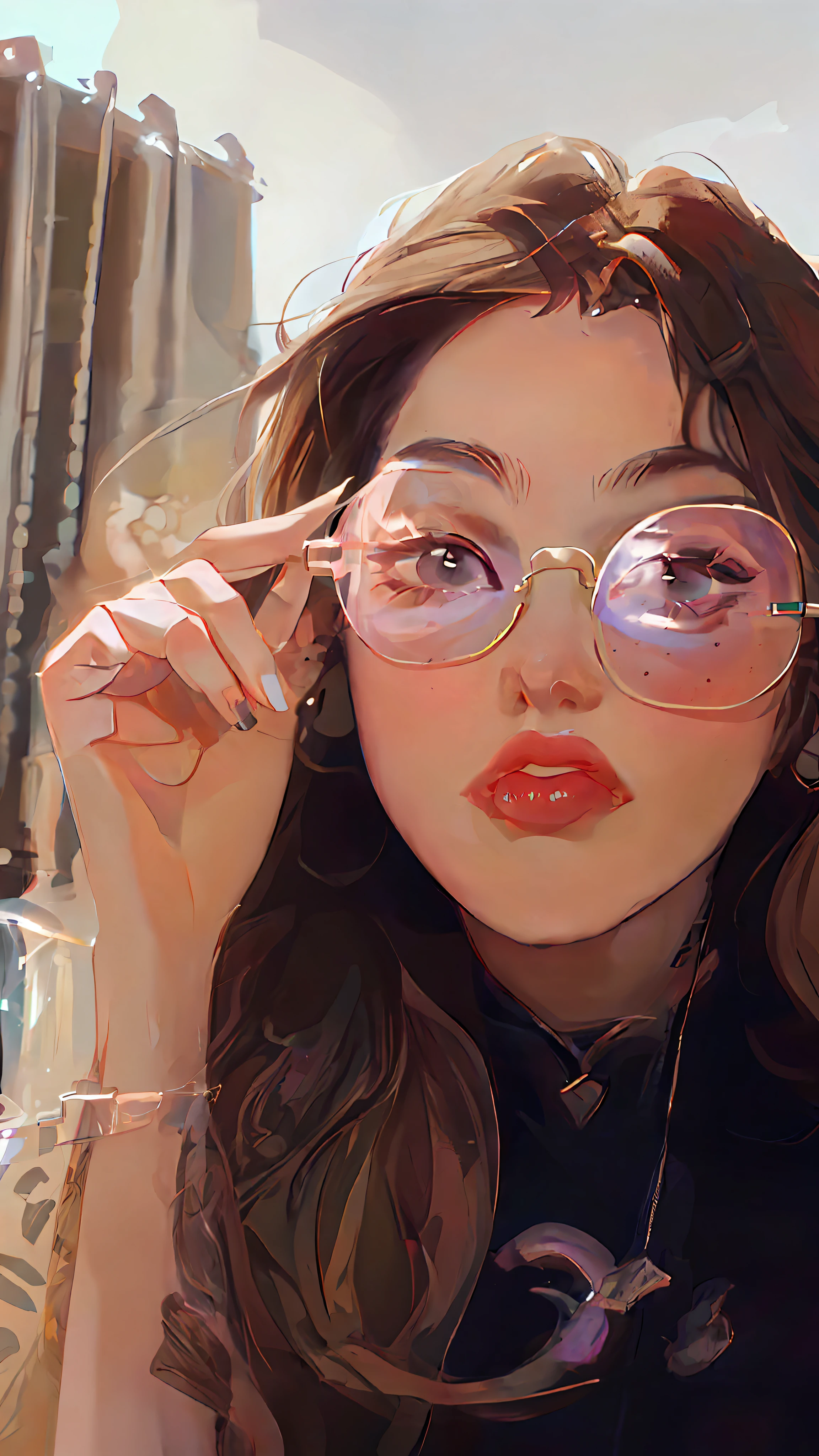 A closeup of a woman with a pair of sunglasses, Pokimane, profile picture, Belle Delphine, girl wearing round glasses, wearing Versace sunglasses, with sunglasses, sunglasses on, mirror selfie, profile picture, wearing mirrored sunglasses, Violet Myers, pink lips, white nails, brown hair with blonde stirrings.
