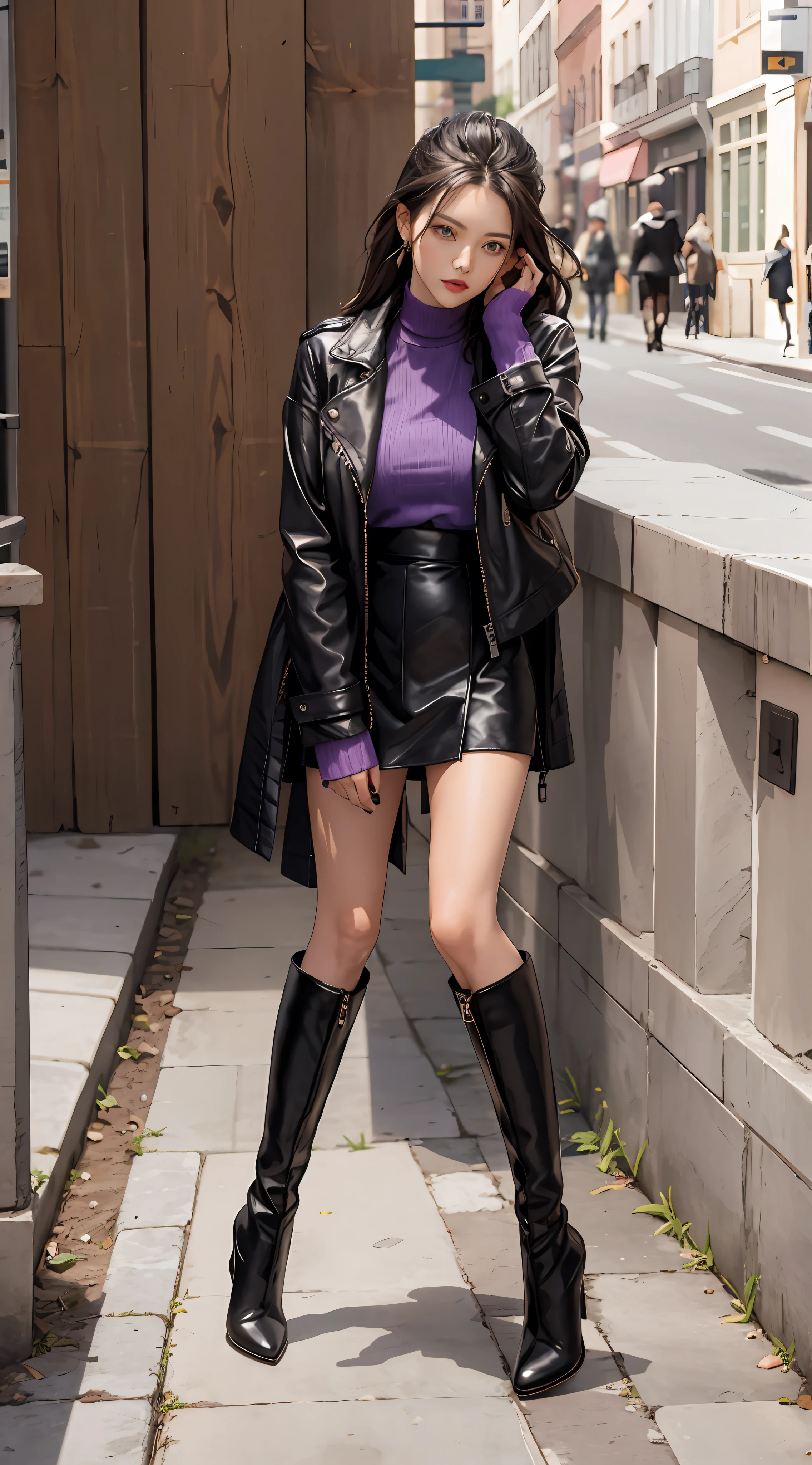 Woman calling on black boots and purple shirt, minileather skirt and long jacket, 19xx, high boots, beautiful image, long black jacket, short coat, cute, elegant, 2 d CG, black leather slim clothes, LV, knee-high boots, wearing jacket and skirt, minileather skirt boots, 2 d