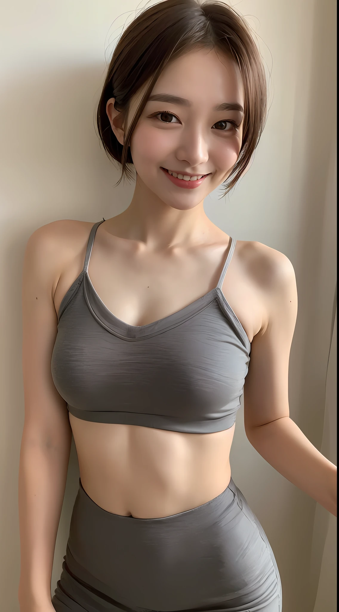 ((Best Quality, 8K, Masterpiece: 1.3)), 1 Girl, Slim Abs Beauty: 1.3, (Hairstyle Brown Hair Shortcut, Big: 1.2), Dress: 1.1, Super Slender Face, Delicate Eyes, Double Eyelids, Smile, Home, Raw Photo