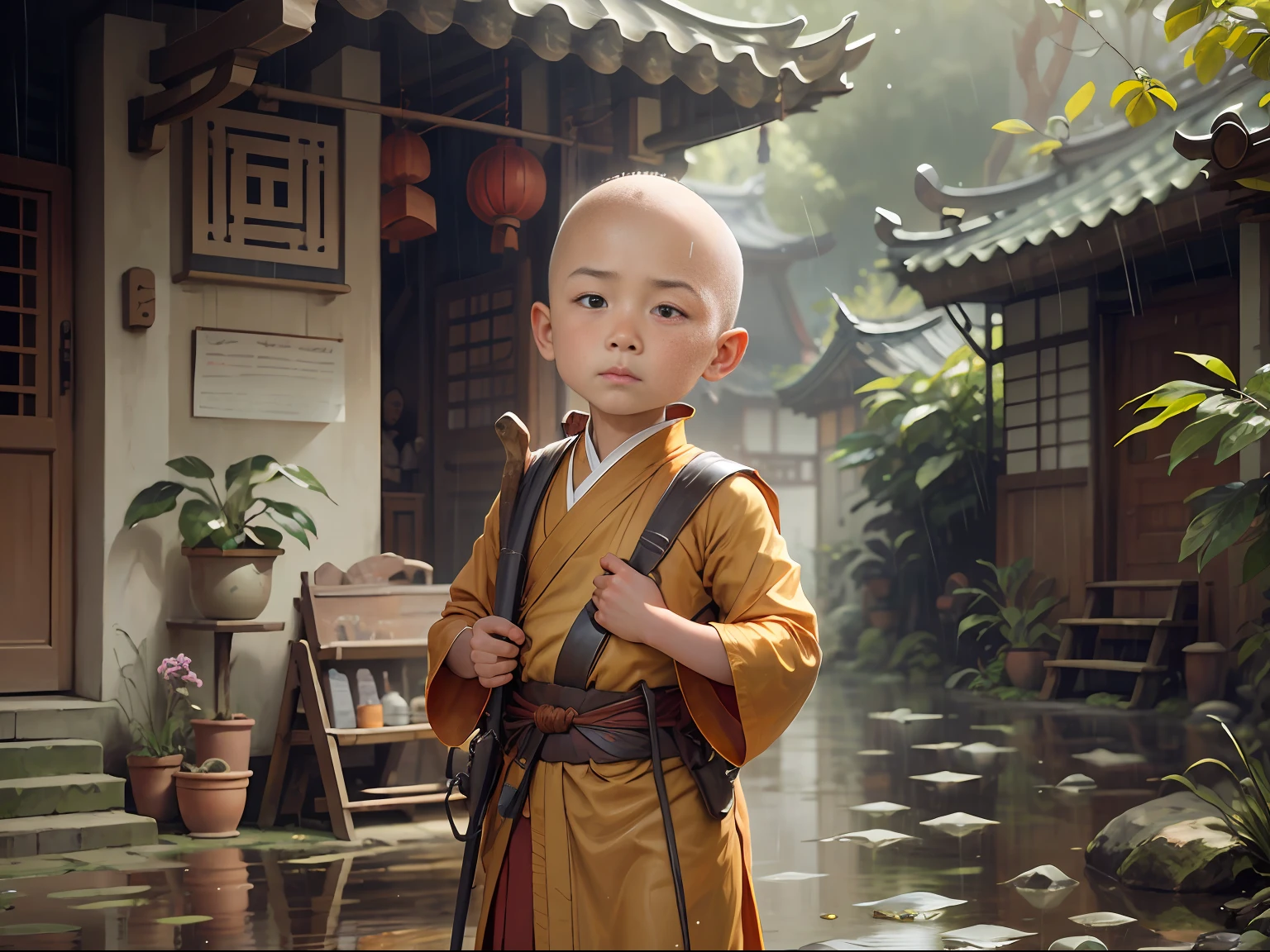 Bald boy,  monk, trekking, rain, bald, chinoiserie,