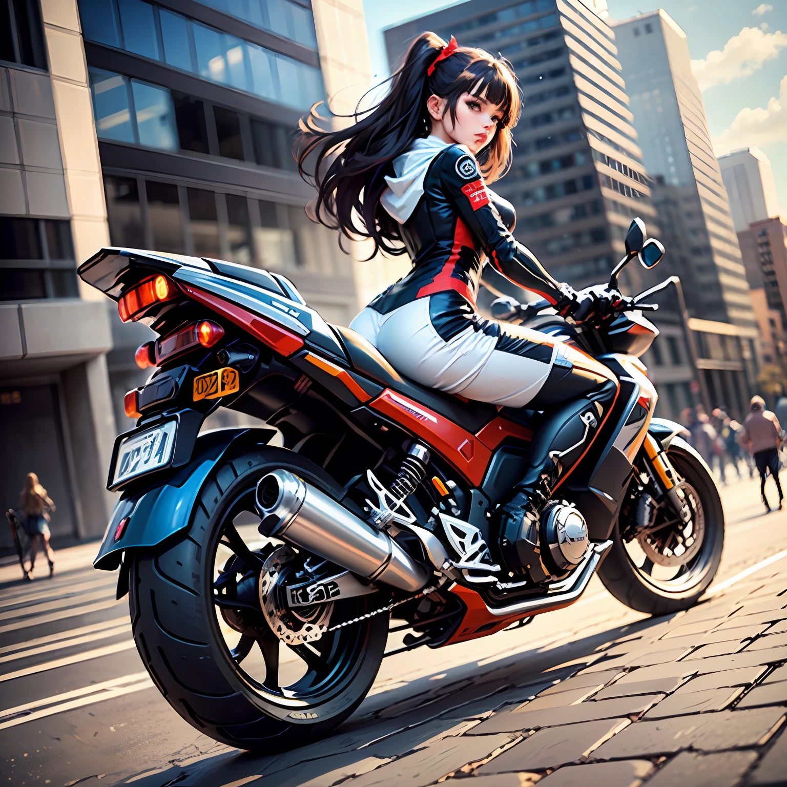 Highest image quality, outstanding details, ultra-high resolution, (fidelity: 1.4), the best illustration, favor details, highly condensed 1girl, with the face of a mature royal sister, dressed in black and red mecha clothes, a lot of mechanical details on the clothes, riding on a sci-fi motorcycle (mechanical details 1.5), the background is the future city center square, high-tech buildings