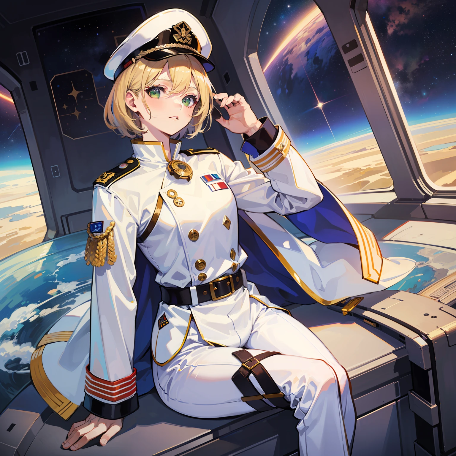 ((Masterpiece)), ((Highest Image Quality)), ((Best Quality)), (Illustration of One Girl), Full Body, 25 Years Old, (Neutral), Blonde, ((Short Hair)), ((Short Neckline)), Green Eyes, (Flat)), Small, (((Tall)), ((Muscular Strong Body)), (Army Uniform)), (Military Hat)), (Army Coat)), (White Clothes), (White Pants), (White Hat), Trench Coat, (( Inside the spaceship)), (outside the window, space, Earth seen from space, spaceport)