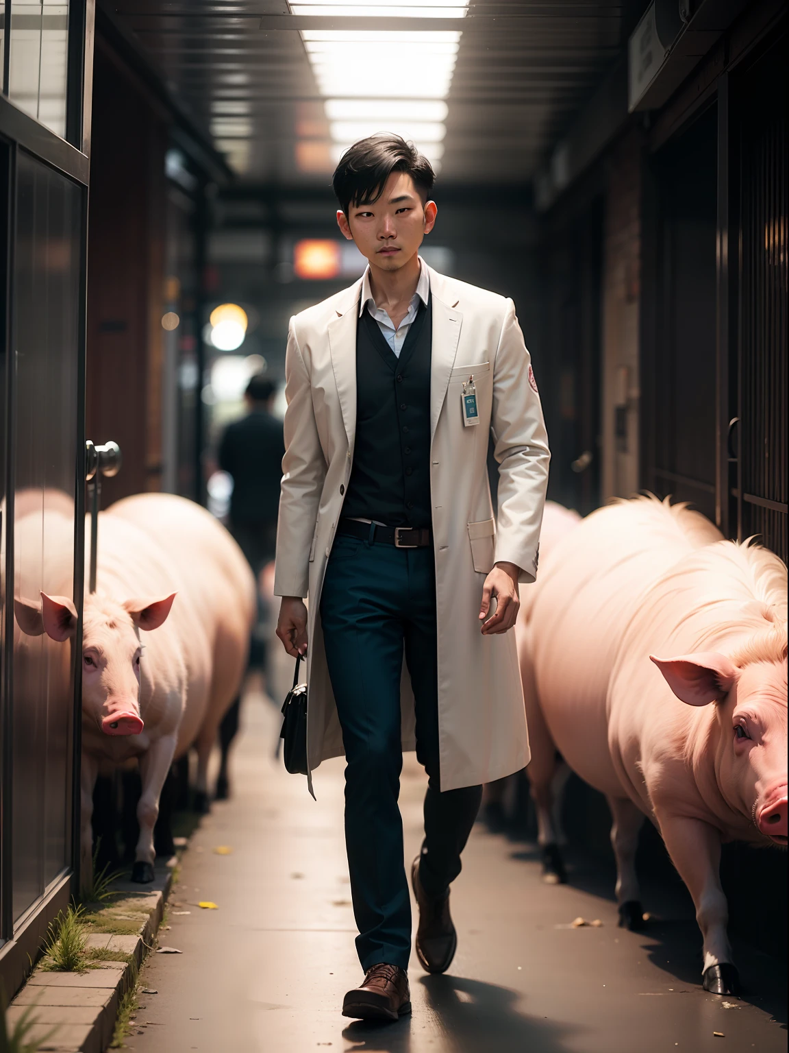 Real shot, a man and a herd of pigs, people thinking, Asian male, older researcher, white coat