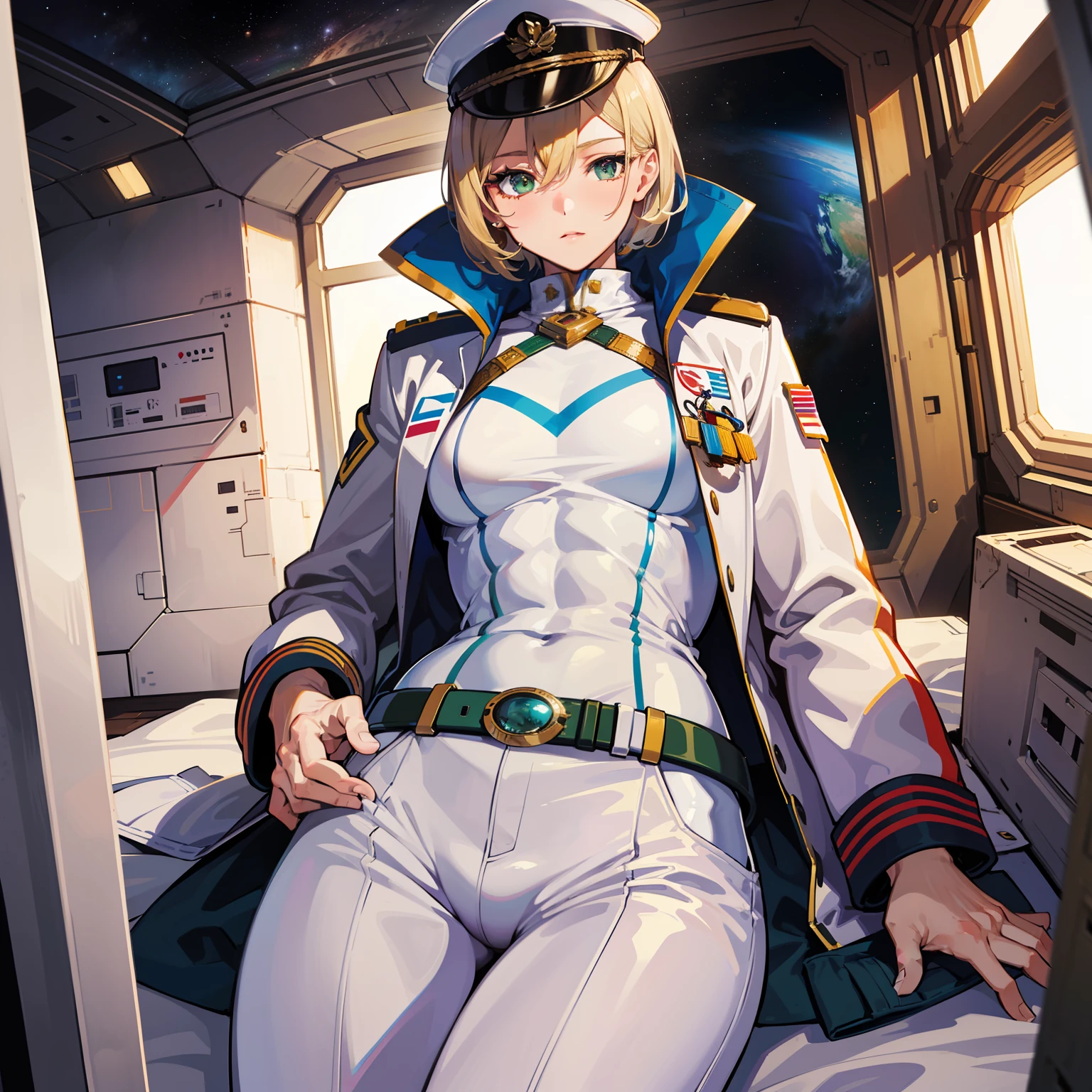((Masterpiece)), ((Highest Image Quality)), ((Best Quality)), (Illustration of One Girl), Full Body, 25 Years Old, (Neutral), Blonde, ((Short Hair)), ((Short Neckline)), Green Eyes, (Flat)), Small, (((Tall)), ((Muscular Strong Body)), (Army Uniform)), (Military Hat)), (Army Coat)), (White Clothes), (White Pants), (White Hat), Trench Coat, (( Inside the spaceship)), (outside the window, space, Earth seen from space, spaceport)