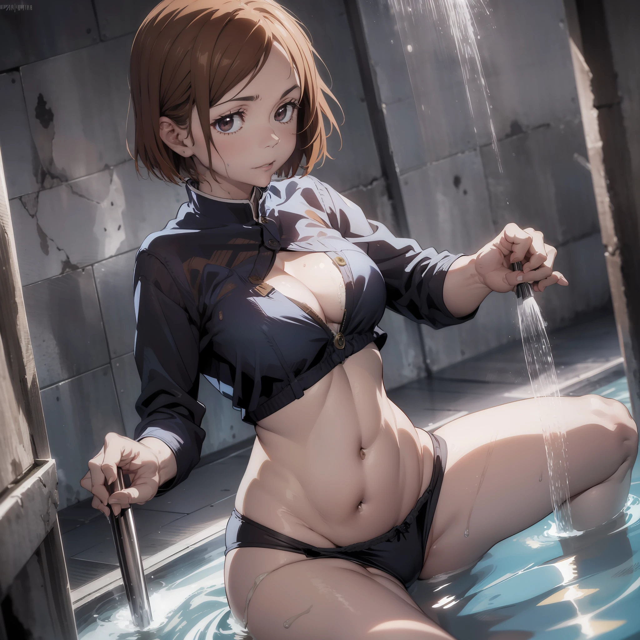 Nobqra/(jujutsu kaisen),short hair ,brown hair , lush hair, large breasts, voluminous breasts, elastic breasts, in the shower, taking a bath, wet, completely naked, no clothes, closed between the legs, a lot of steam, transparent underwear, very wet bra, wet hair,, covers the chest with a hand, best quality, very detailed, ultra 8k resolution