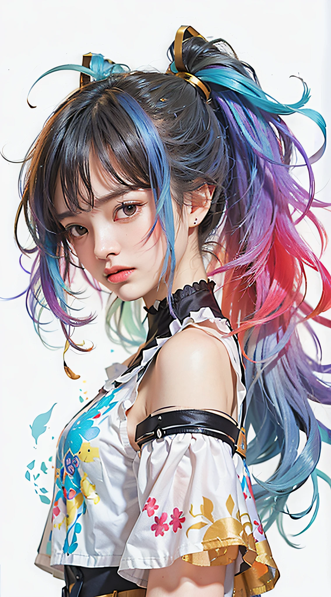 1 Girl, Solo, (3k RAW Photo, Bert Quality, Masterpiece 12) (Realistic Photo Quality 1. A) (extremely detailed CG uniform and k wlpaper) ((high gradient: 1.3), soothing tones, mute, high contrast, (natural skin texture, surrealism, soft light, clarity)), colored hair, silk pleated skirt, smooth fabric, silky strands