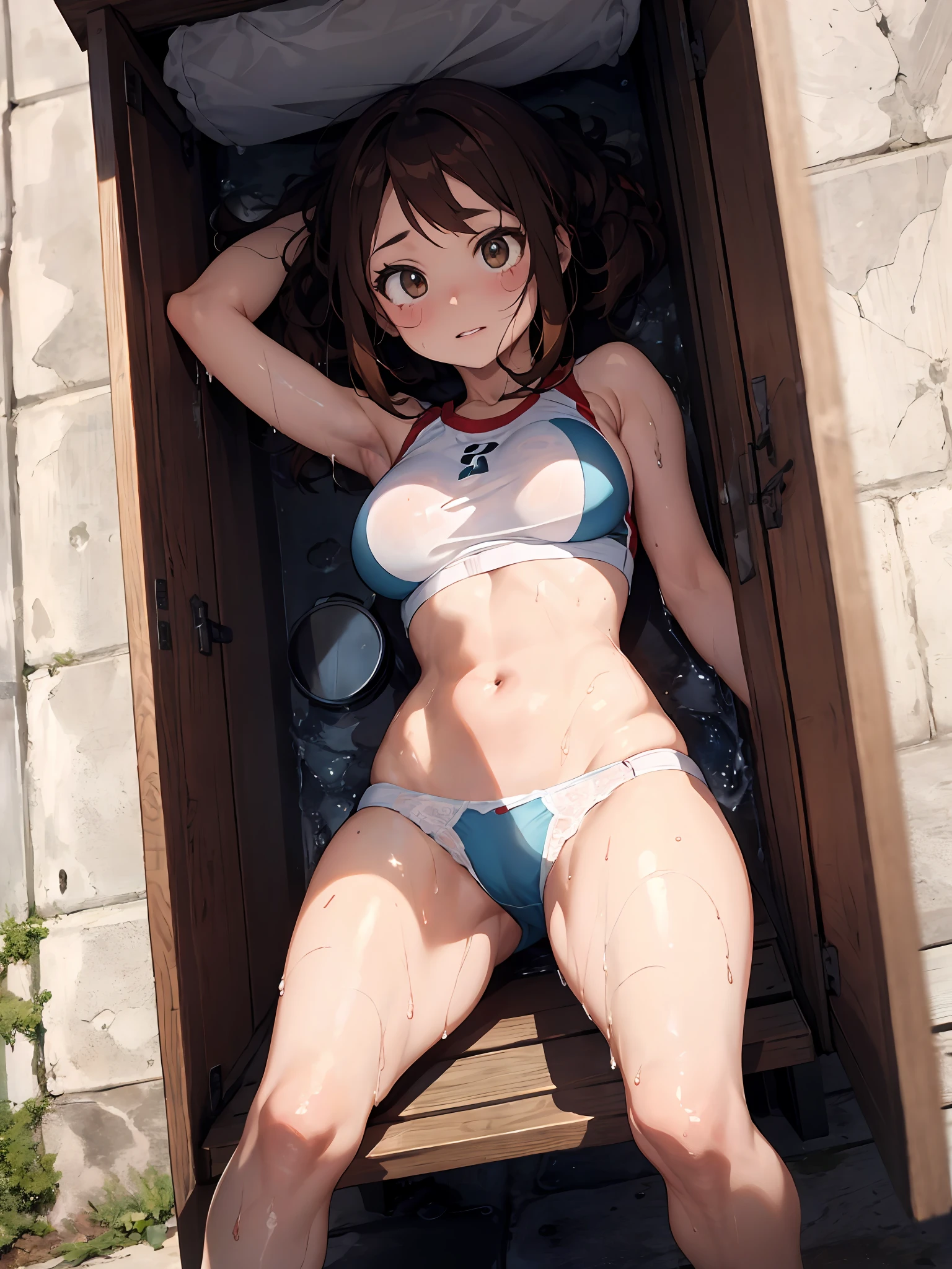 Ochako Uraraka/( Boku no Hero Academia )/, big breasts, lush breasts, voluminous breasts, firm breasts, sweat, wet with sweat, shin, heels, feet, five fingers, detailed hands, two tones of hair, red and yellow hair, lying, solo, one character, bare feet, no shoes, legs apart, gym locker room, (lying on his back), lying on a bench without a back, white lace underwear, legs apart, iron blue cabinets, tiled floor, top view, wet floor, (in white underwear), thin, no muscles, normal body