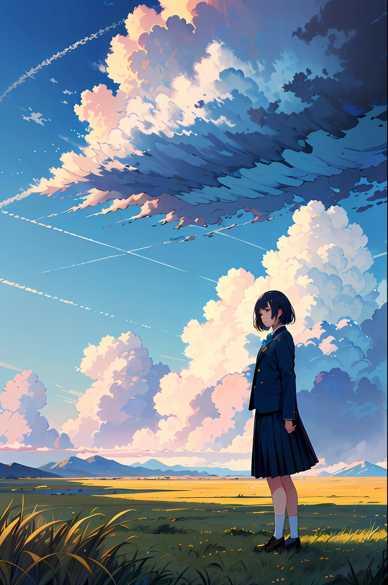 (1girl, tailored jacket, dark blue pleated skirt, school uniform), (full body, from bellow:1.2), absurdres, highres, ultra detailed, scenery, landscape, (wide shot:1.4), (grasslands, blue sky, cumulonimbus cloud:1.3), (soft focus, diffusion Filter), dreamy ambiance