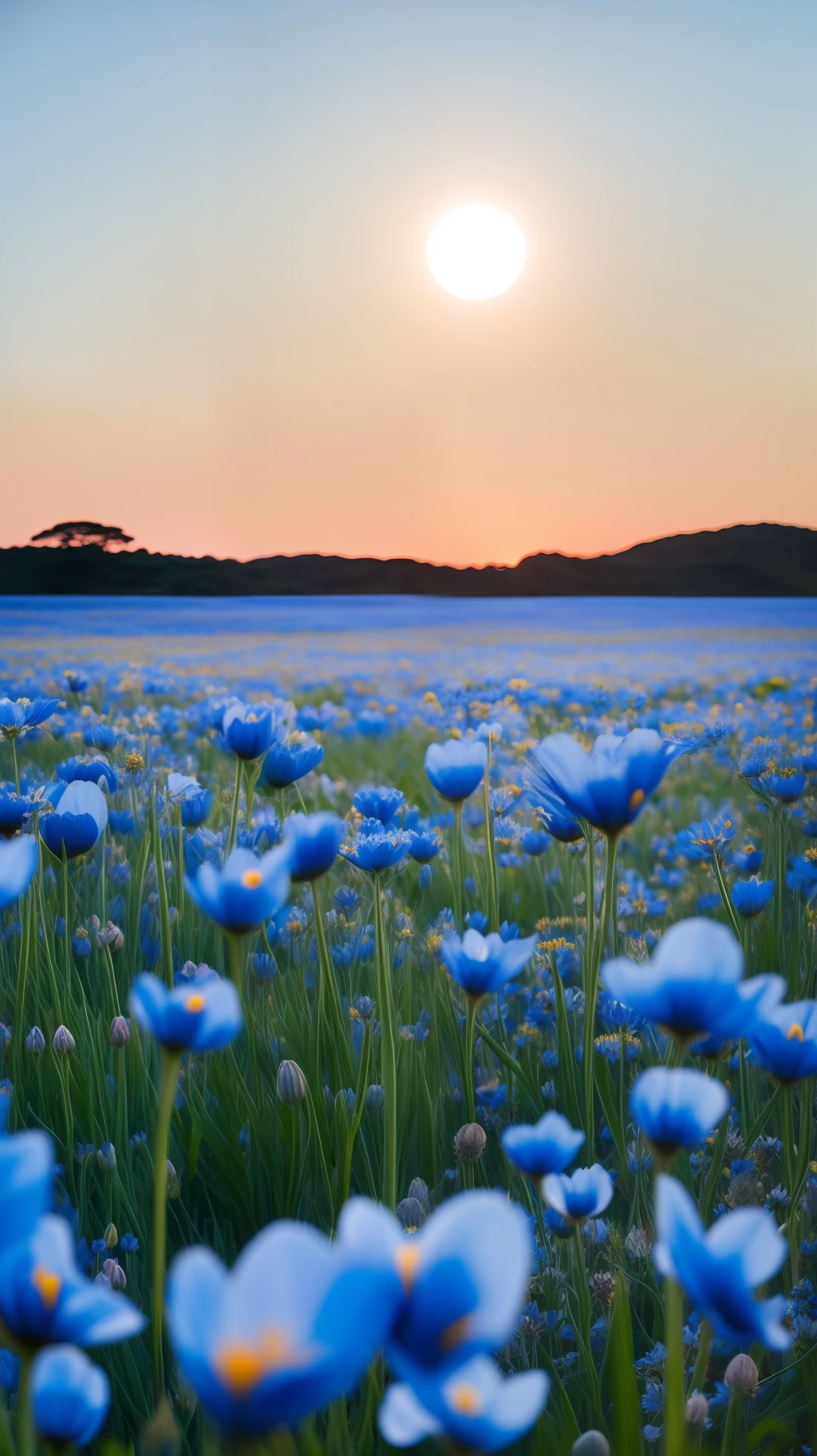 there is a field of blue flowers with a sun in the background, blue flower field, an aesthetic field of flowers, blue flowers bloomed all over, blue flowers, field of flowers, field of flowers at night, field of fantasy flowers, in a field of flowers, flower field, sitting in a field of flowers, flowers in foreground, surreal waiizi flowers