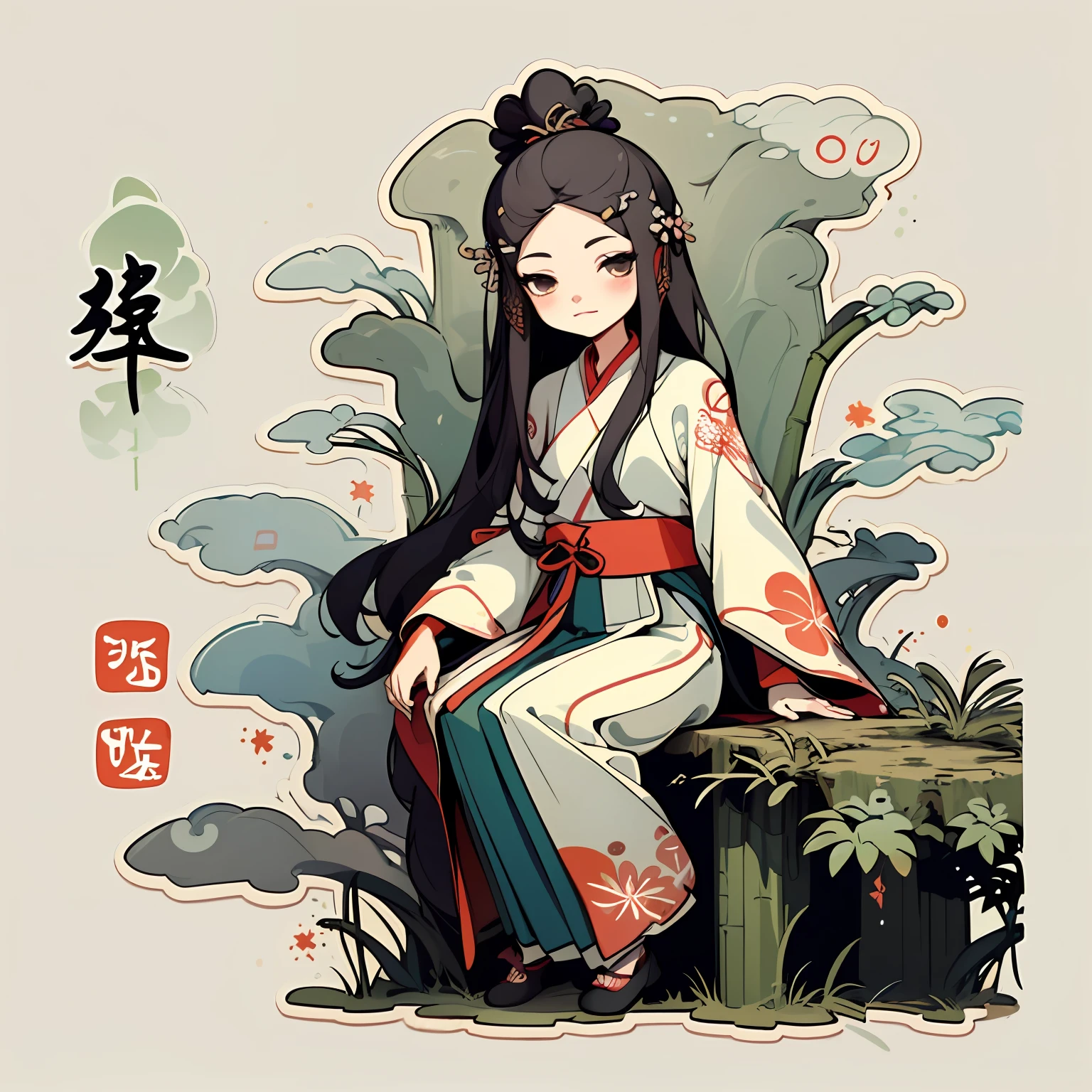 1 sticker, handbook, (sticker, 1 girl, Chinese Ming dynasty clothes, gorgeous collar top, pleated long skirt, hanfu, embroidery, hairpin, bamboo, moss, pavilion), watercolor, light background, simple background, minimal, cute, tiny, pastel color, vector style, no gradient,