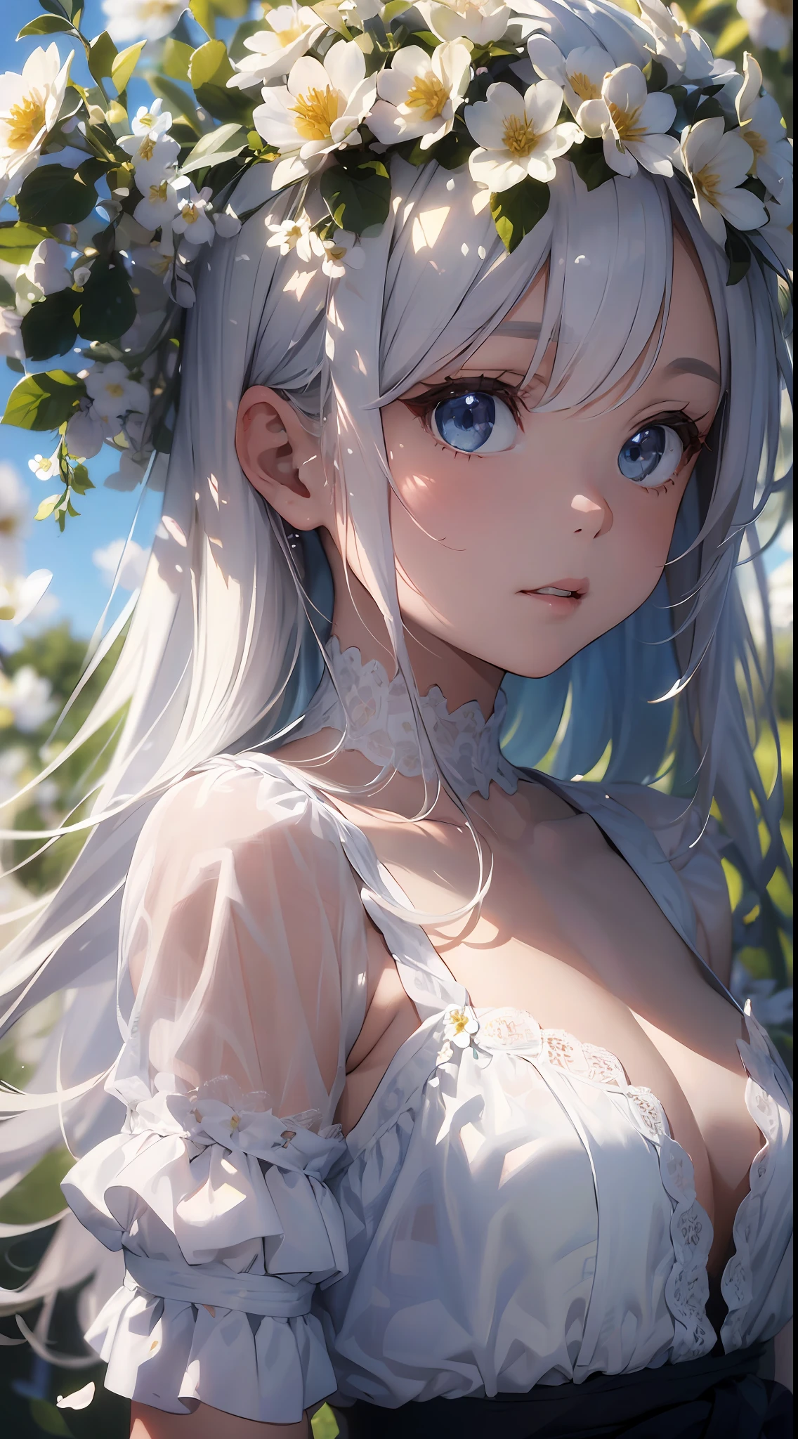 (masterpiece, best quality:1.6), silver hair, white lace dress, cowboy shot, thighs, beautiful girl, (flowers, many small white petals:1.3), garden, blue sky, looking at viewer, small waist, official art, raw photo, incredibly absurdres, facelight, dynamic lighting, cinematic lighting, ultra realistic, photography, sharp focus, highest detailed, extremely detailed eyes and face