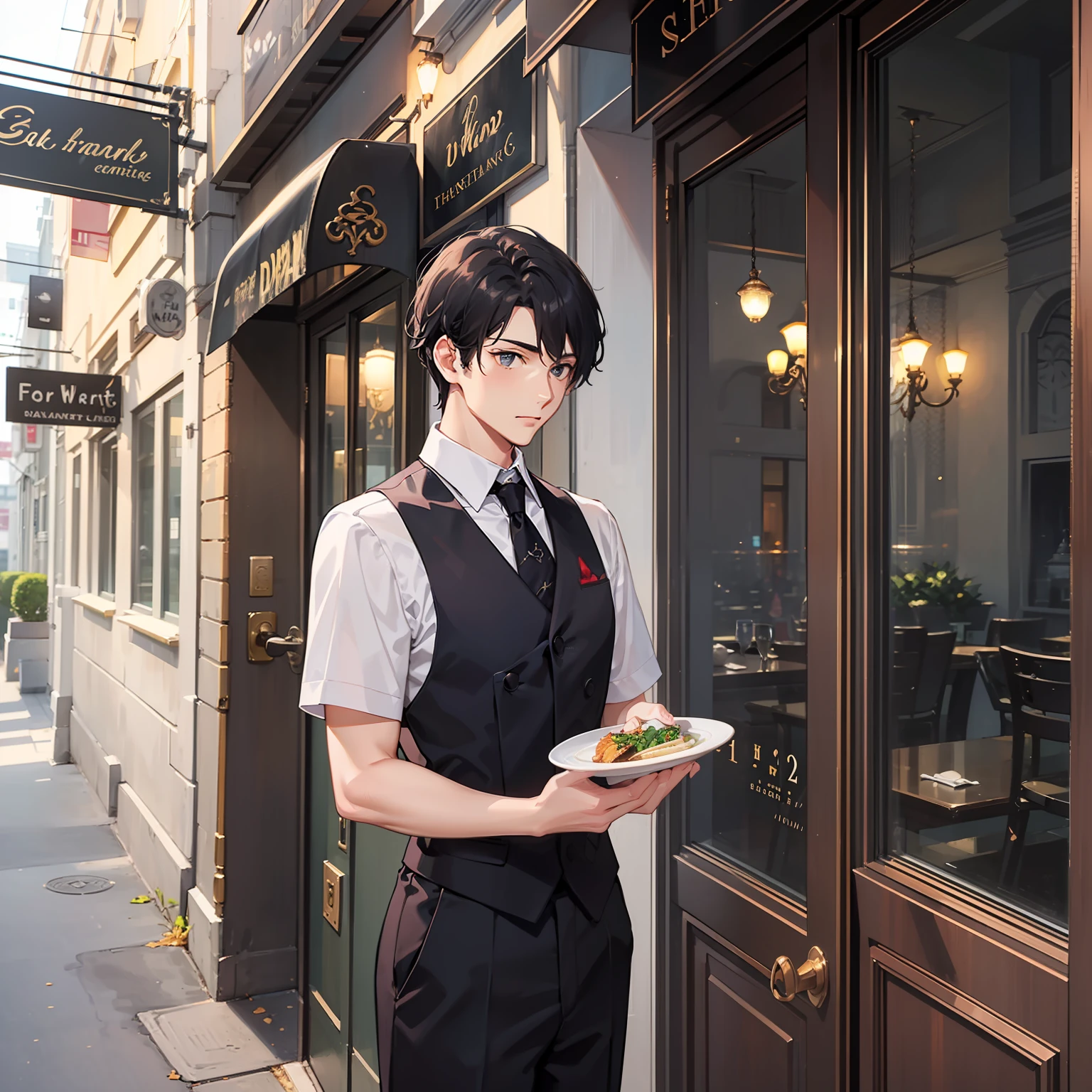 (A fancy restaurant 1.4)
(Waiter standing at the door 1.3)