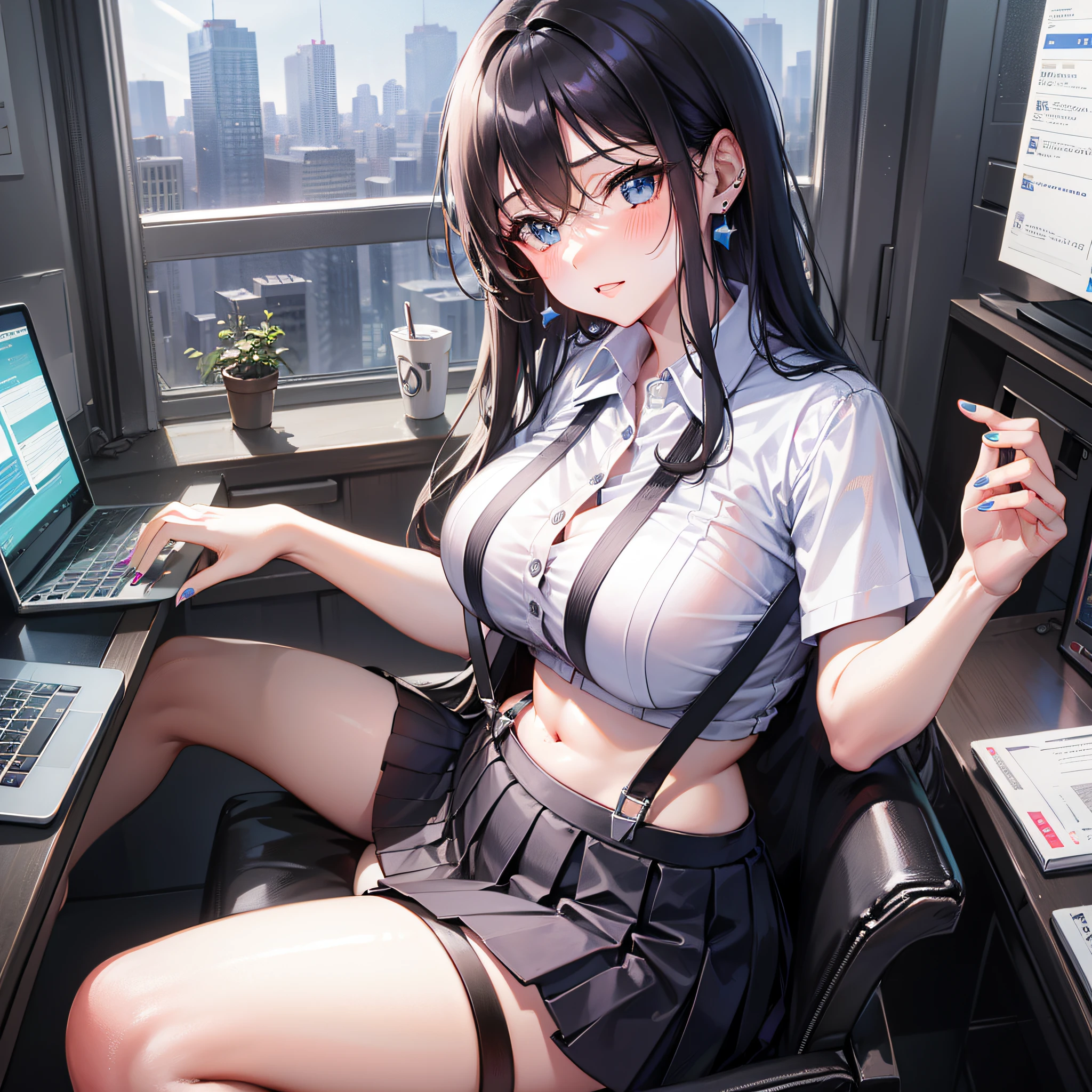 7th March, 7th_march, 1 girl, solo, ((white suspenders)),(transparent:1.2), black thighs, breasts, big breasts, uniform, office background, black skirt, pleated skirt, office, hair between eyes, blue earrings,room, long hair, looking at the audience, pink short nails, blue eyes, solo, thighs thighs, thighs, (((masterpiece)), sitting, chair, computer on table, name tag, ID tag, interior, blush, sexy pose, hands behind your back,