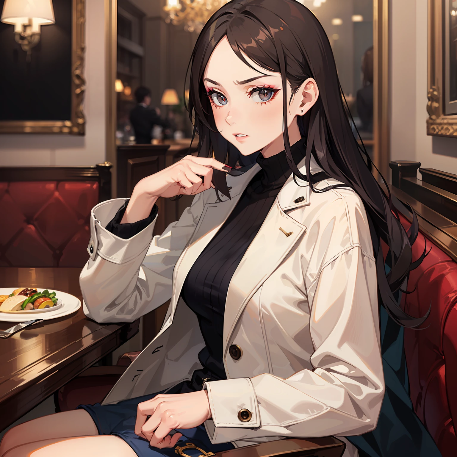 (A woman with exquisite makeup 1.4)
(Wearing a coat 1.4)
(Sitting in a fancy restaurant 1.3)
(shows upper body 1.3)
(Wearing a brand tag and bag 1.4)
(Angry 1.4)