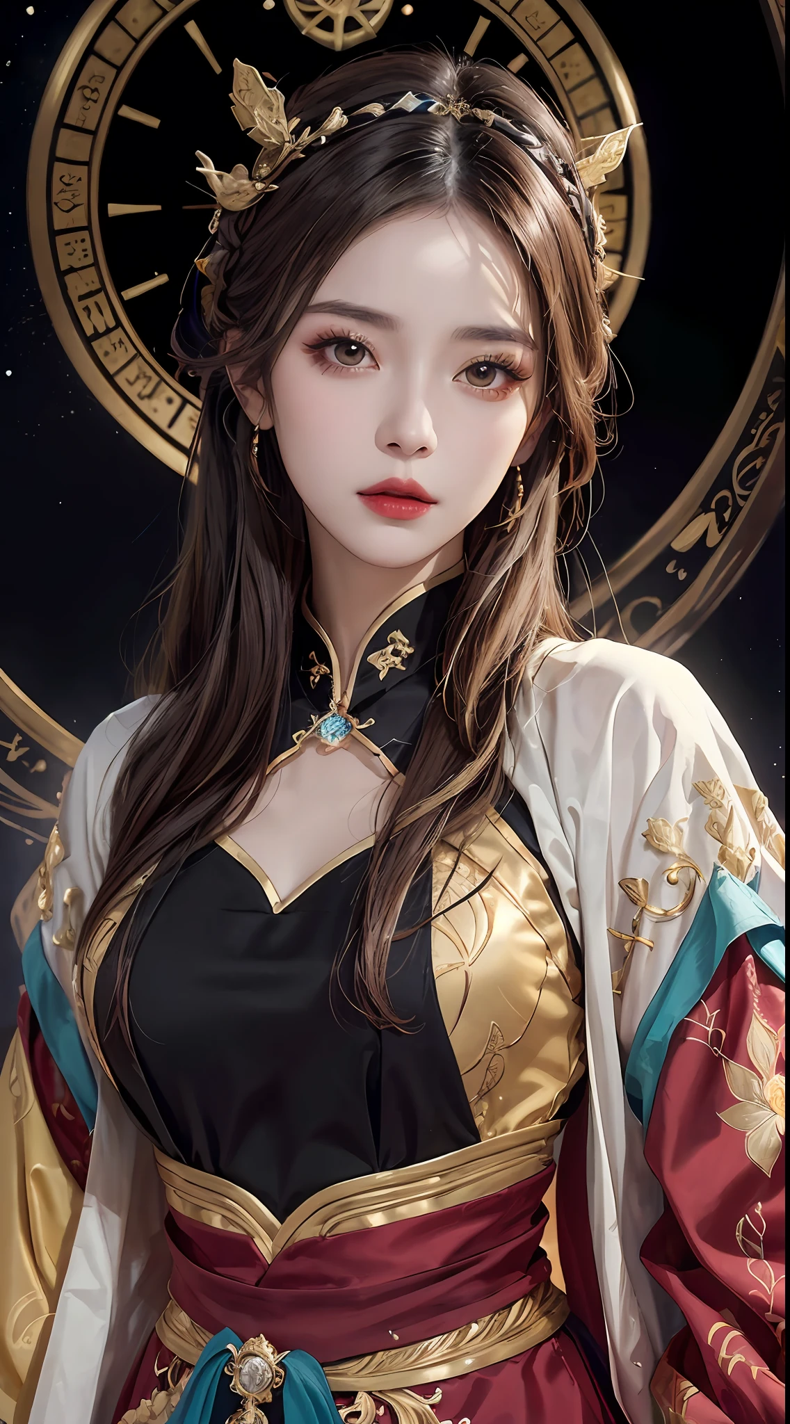 1 27-year-old girl, 1 zodiac goddess from the future, goddess of the pink and purple 12 zodiacs, the goddess of the zodiac in a yellow ao dai, a 12 zodiac ao dai with many black lace detail, mythology Goddess of the 12 zodiacs from the future, zodiac ♏, luxurious glittering zodiac style, dark and mysterious version, zodiac crown, lipstick lips red, thin and beautiful lips, Smile makes viewers fall in love, characters made by karol bak and pino daeni, intricate detail, detailed background, extremely detailed, light magic, a woman, clear face, look at the face of goddess zodialook at the zodiac goddess face, hair long with bangs, beautiful face in detail and well-proportioned eyes, (transparent yellow eyes: 1.8), big round eyes and very beautiful and detailed makeup, foresight, silk dress, mysterious makeup, double bangs and dyed light blonde, uper body, zodiac goddess uper body, arms hanging loosely, Realistic and vivid photo, (stars make up the zodiac: 1.7), (sky background zodiac and fictitious space and time portal: 1.8), fiction art, RAW photo, hanfu picture, best photo, best photo quality, 8k quality, 8k ultra, super realistic, real photo most economical, artistic portrait of goddess zodiac,