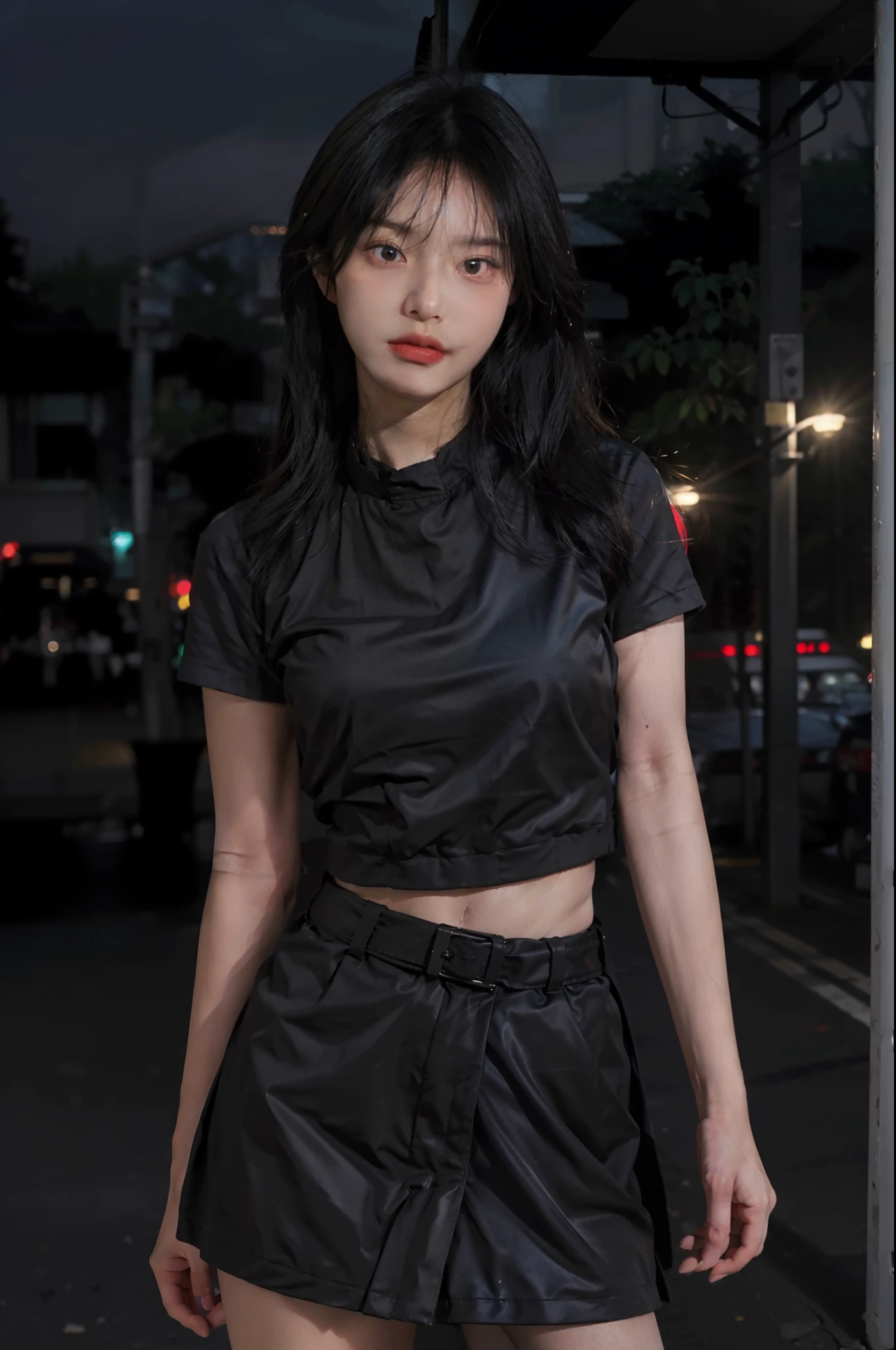Best Quality, Masterpiece, Ultra High Resolution, (Realistic: 1.4), Best Quality, Masterpiece, Ultra High Resolution, Perfect Body Beauty: 1.4, (Black Miniskirt: 1.4), (Night: 1.1), Super Fine Face, Fine Eyes, Double Eyelids, Black Silk, Original Photo