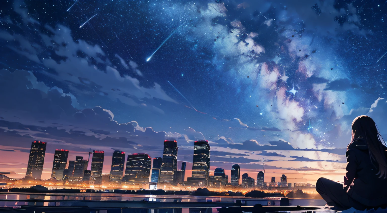 octans, sky, star (sky), scenery, starry sky, night, 1girl, night sky, solo, outdoors, building, cloud, milky way, sitting, tree, long hair, city, silhouette, cityscape --auto --s2