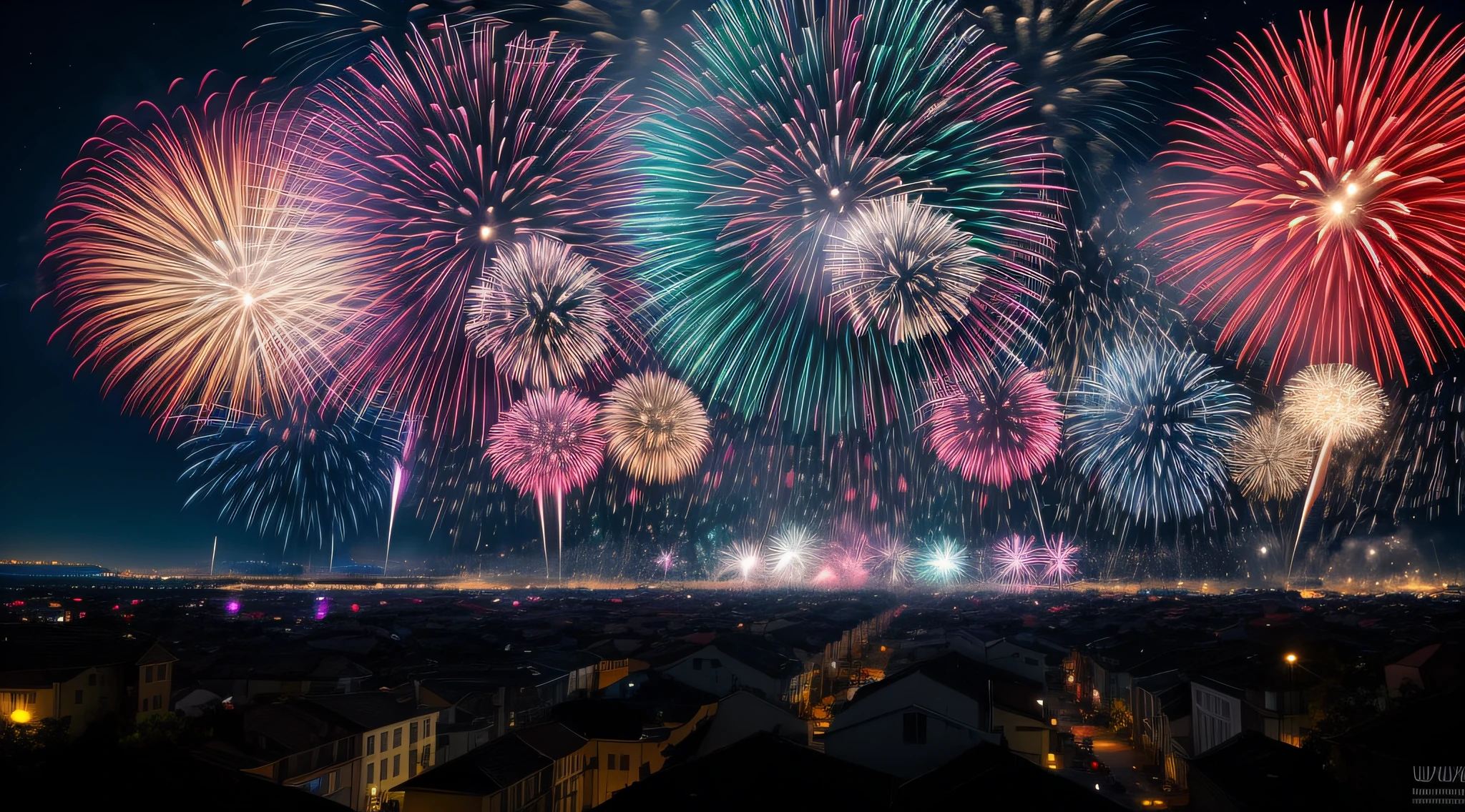 fireworks are lit up in the night sky above a city, [ fireworks in the sky ]!!, fireworks, fireworks in background, fireworks in the background, pyrotechnics, firework, new years eve, happy!!!, colourful explosion, celebrating, vivid!!, best photos of the year, fireworks on the background, by Unkoku Togan, brilliantly colored