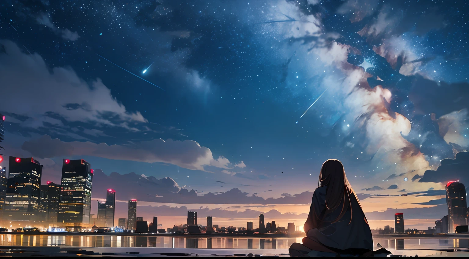 octans, sky, star (sky), scenery, starry sky, night, 1girl, night sky, solo, outdoors, building, cloud, milky way, sitting, tree, long hair, city, silhouette, cityscape --auto --s2