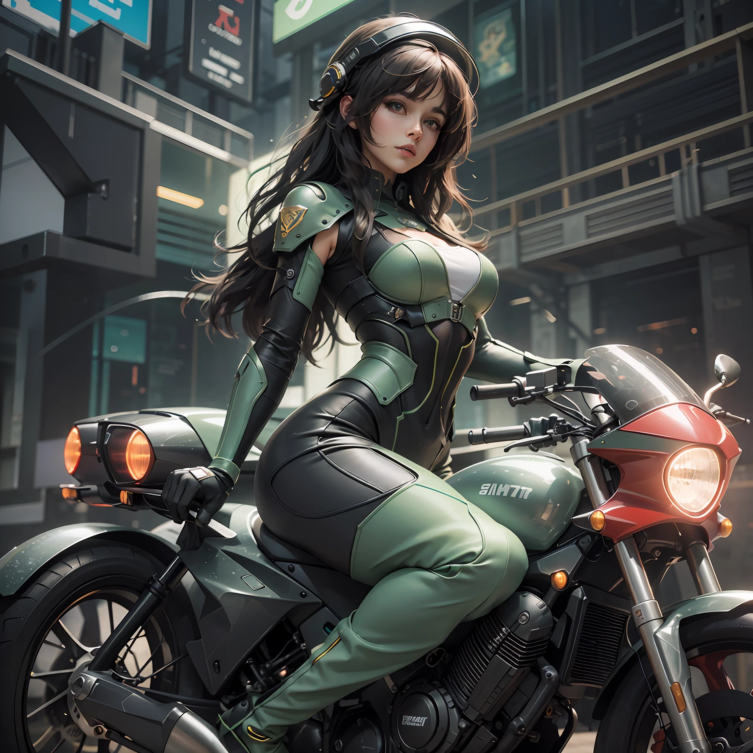 Highest image quality, outstanding details, ultra-high resolution, (fidelity: 1.4), the best illustration, favor details, highly condensed 1girl, with the face of a mature royal sister, dressed in black and red mecha clothes, a lot of mechanical details on the clothes, riding on a sci-fi motorcycle (mechanical details 1.5), the background is the future city center square, high-tech buildings