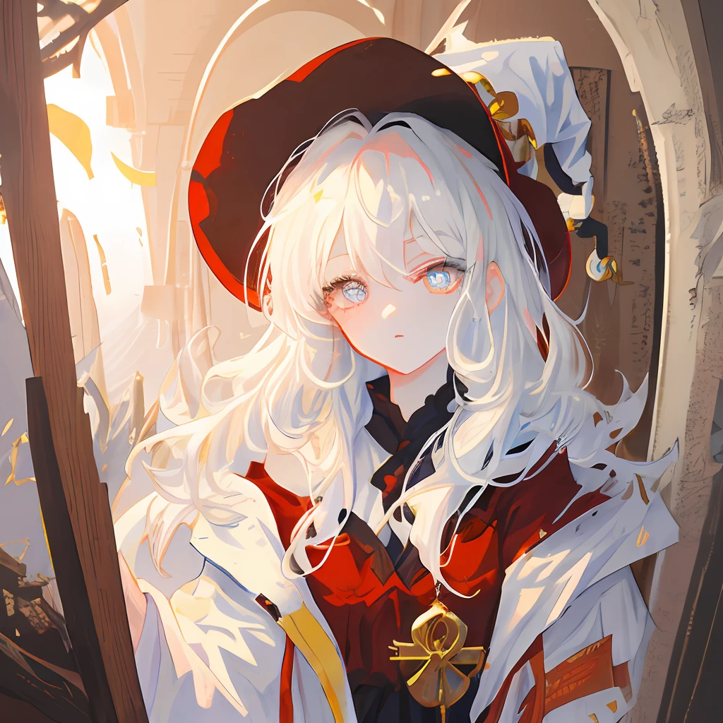 anime, beautiful girl, white hair, (beautiful delicate eyes), (warm tone), soft light, messy hair, red pupils, witch costume, messy hair, (fine, clear image, super resolution, extremely amazing details, awesome details), gentle
