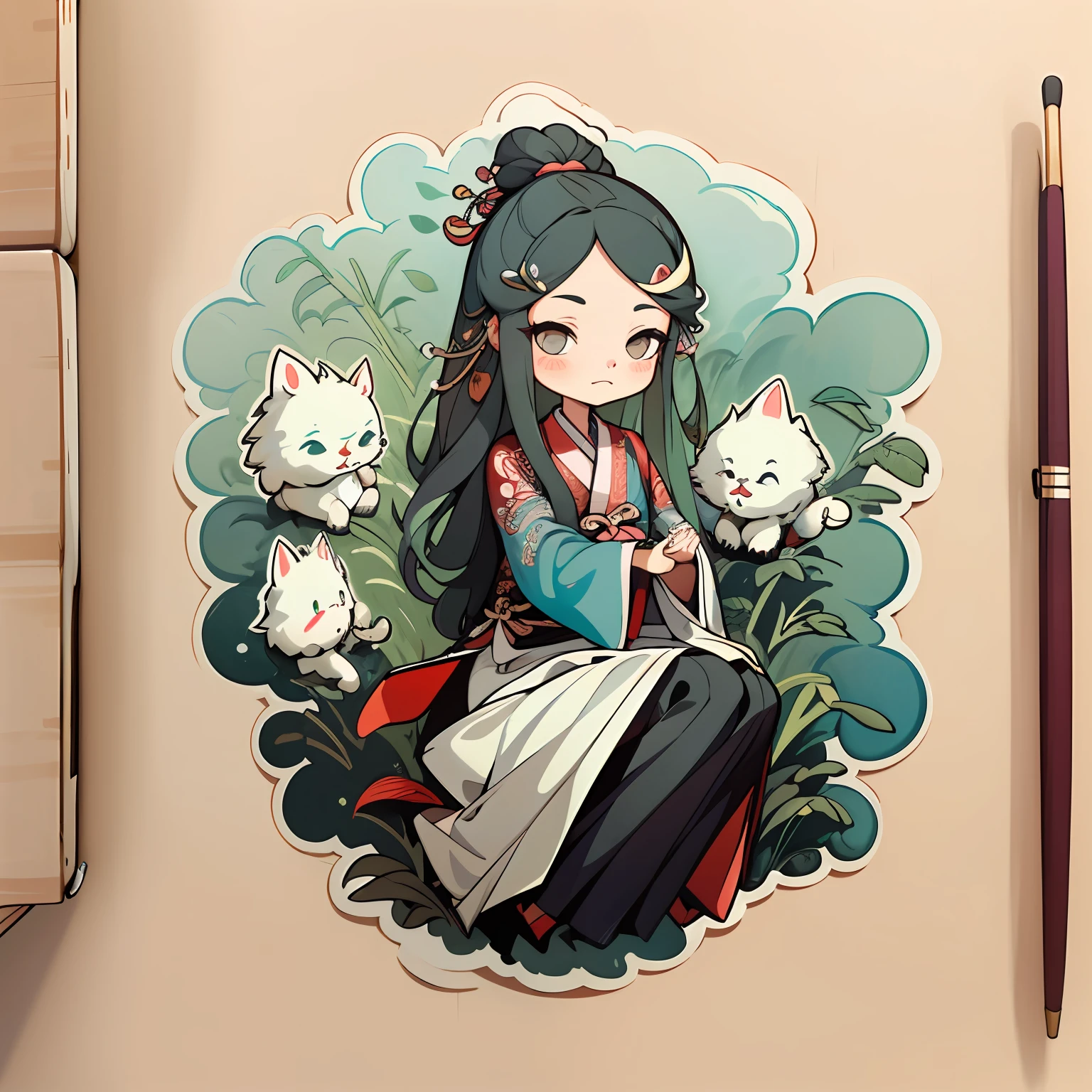 1 sticker, handbook, (sticker, 1 girl, Chinese Ming dynasty clothes, gorgeous collared top, pleated long skirt, hanfu, embroidery, hairpin, bamboo, moss, pavilion), white stroke, bezel, watercolor, white background, simple background, minimum, cute, tiny, pastel color, vector style, no gradient,