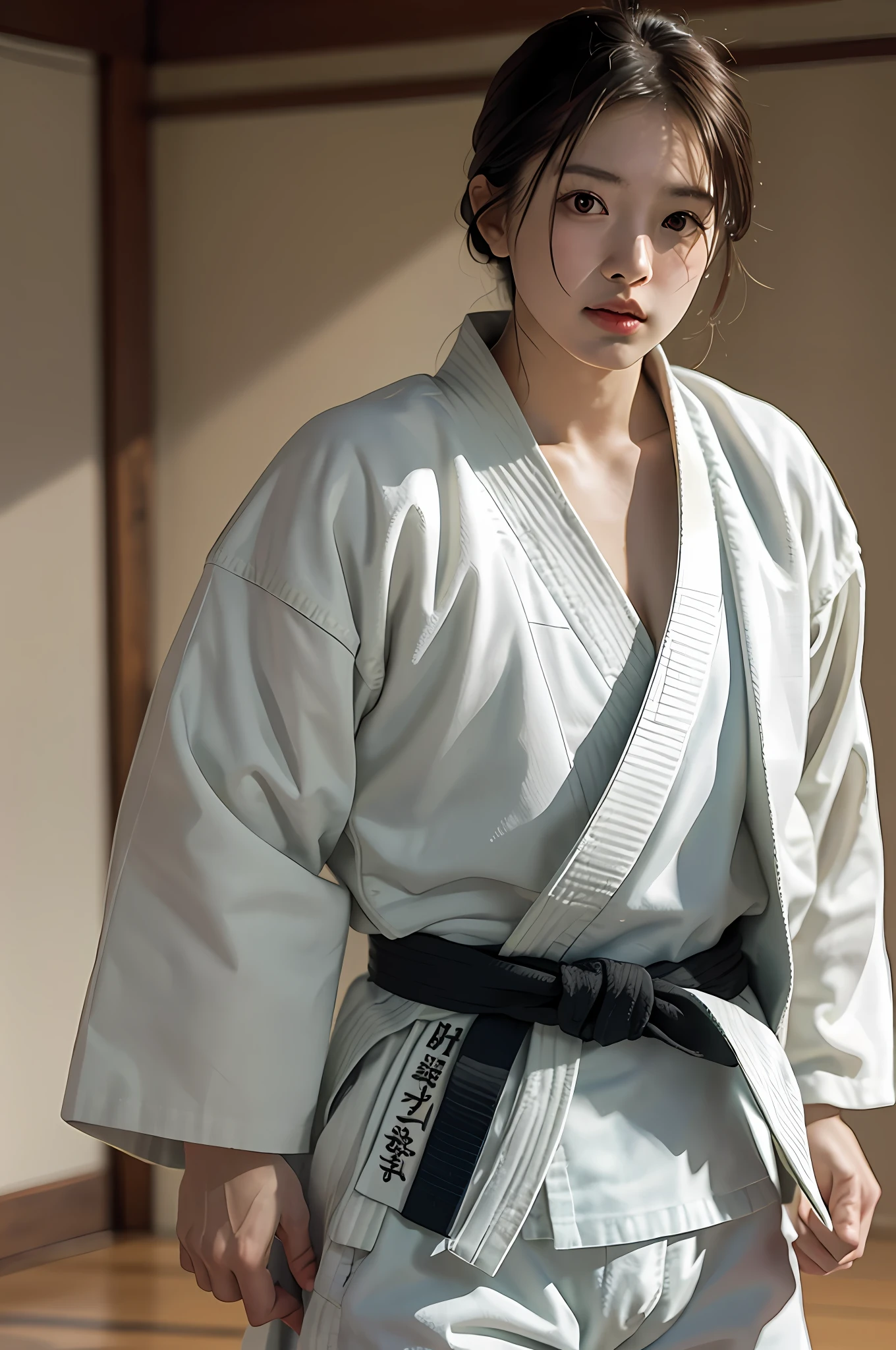 (8k, RAW photo, quality、、、、、、 masterpiece: 1.2), (realistic, photorealistic: 1.37), Japan female judoka, white judogi, cowboy composition, front gaze, dark tatami flooring room, judo standing, majestic, cowboy shot, intimidating posture, dignified atmosphere, slightly stiff figure, neck stiff