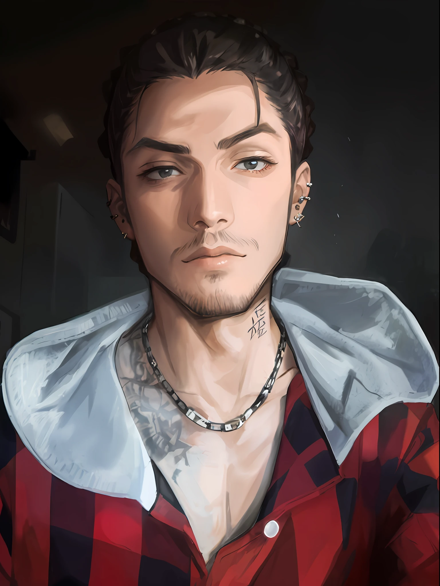 "A fierce and unconventional man with a septum piercing and an industrial bar ear piercing, rocking dreadlocks and a stylish man bun. Hyper