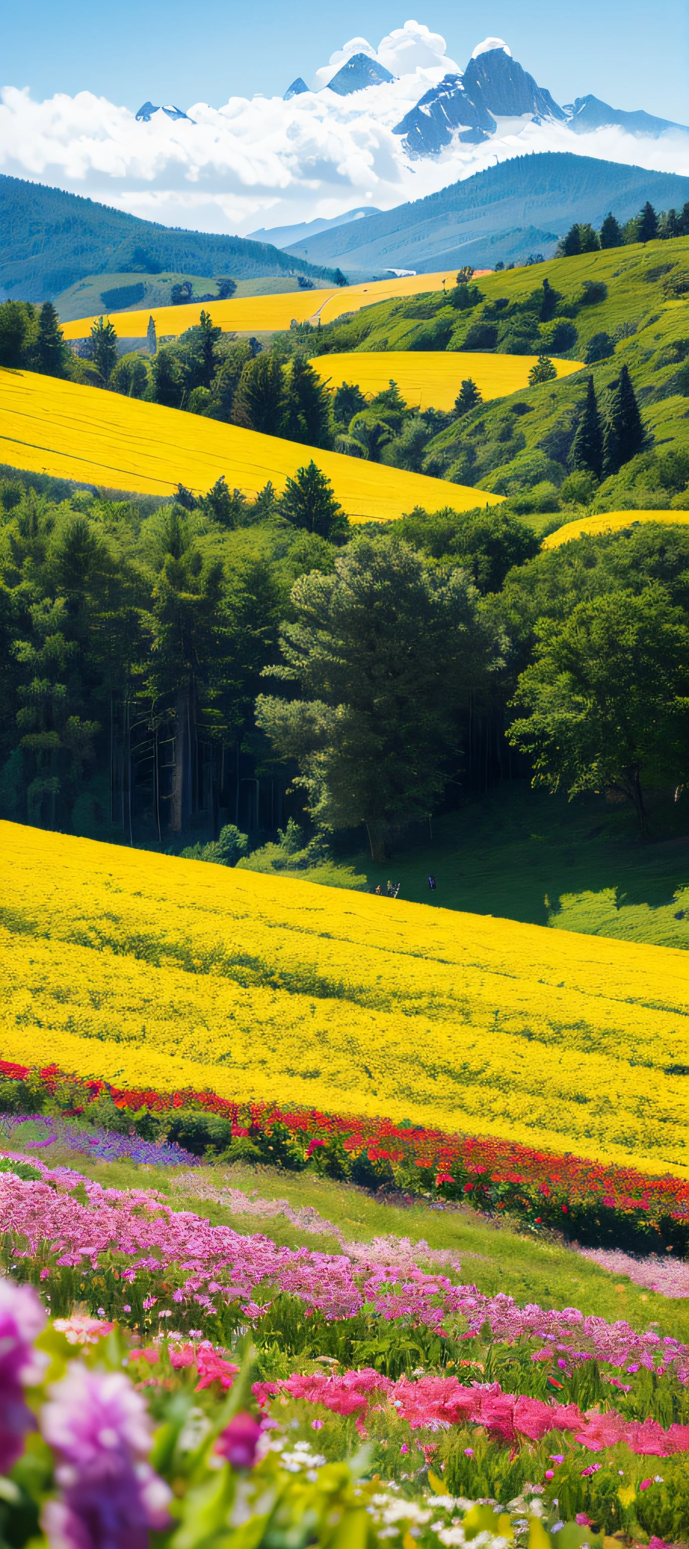 An ultra-detailed and vibrant artwork featuring a stunning flower field with a robust green tree as the main focus. Best quality, masterpiece, and high-resolution.