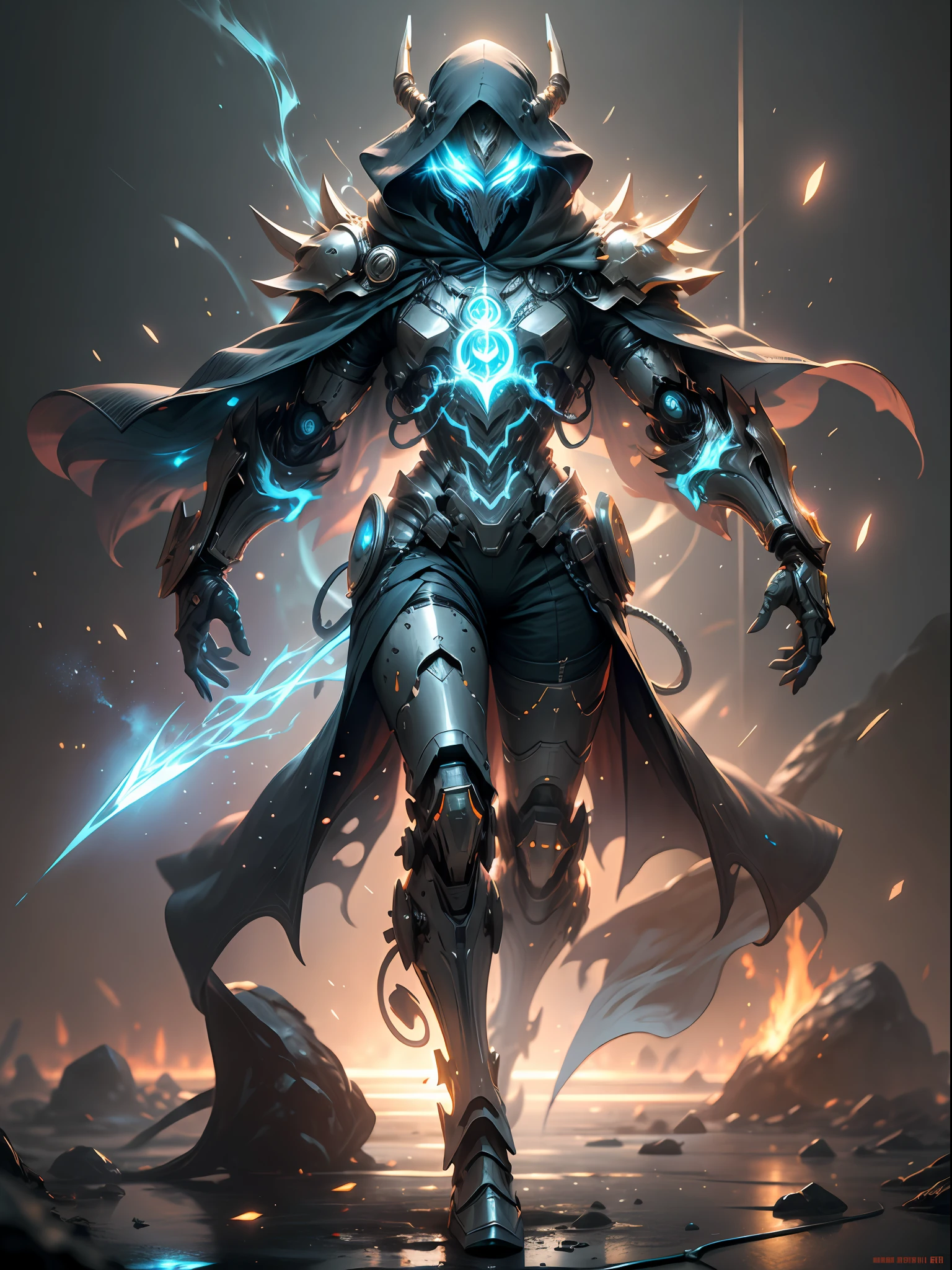 Blue Ghost Mage, super cool Ghost Mage, wearing blue mechanical armor, ghost fire surrounding, magical spells, burning fire in hand, proficient in spells, full body photo, perfect body proportions, with veil, glowing blue eyes, super detailed, realistic, shiny, reflective, bioluminescence, galactic cybernetic mask, mecha, (executioner: 1.2), cape, SH4G0D, GlowingRunes_red, full body, movie, dark background, backlight, high contrast,