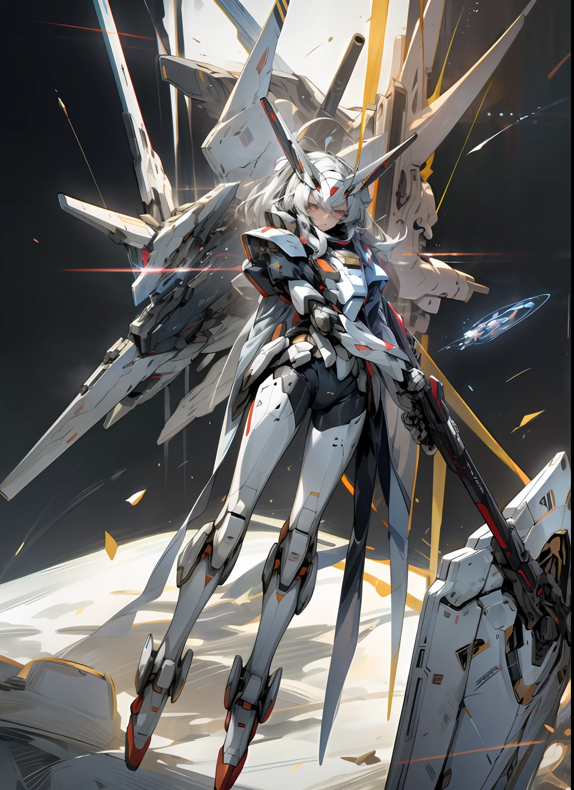 Cat-like robot, blue body, short stature, short white limbs, red nose, golden bell on neck, sky, clouds, holding_weapon,