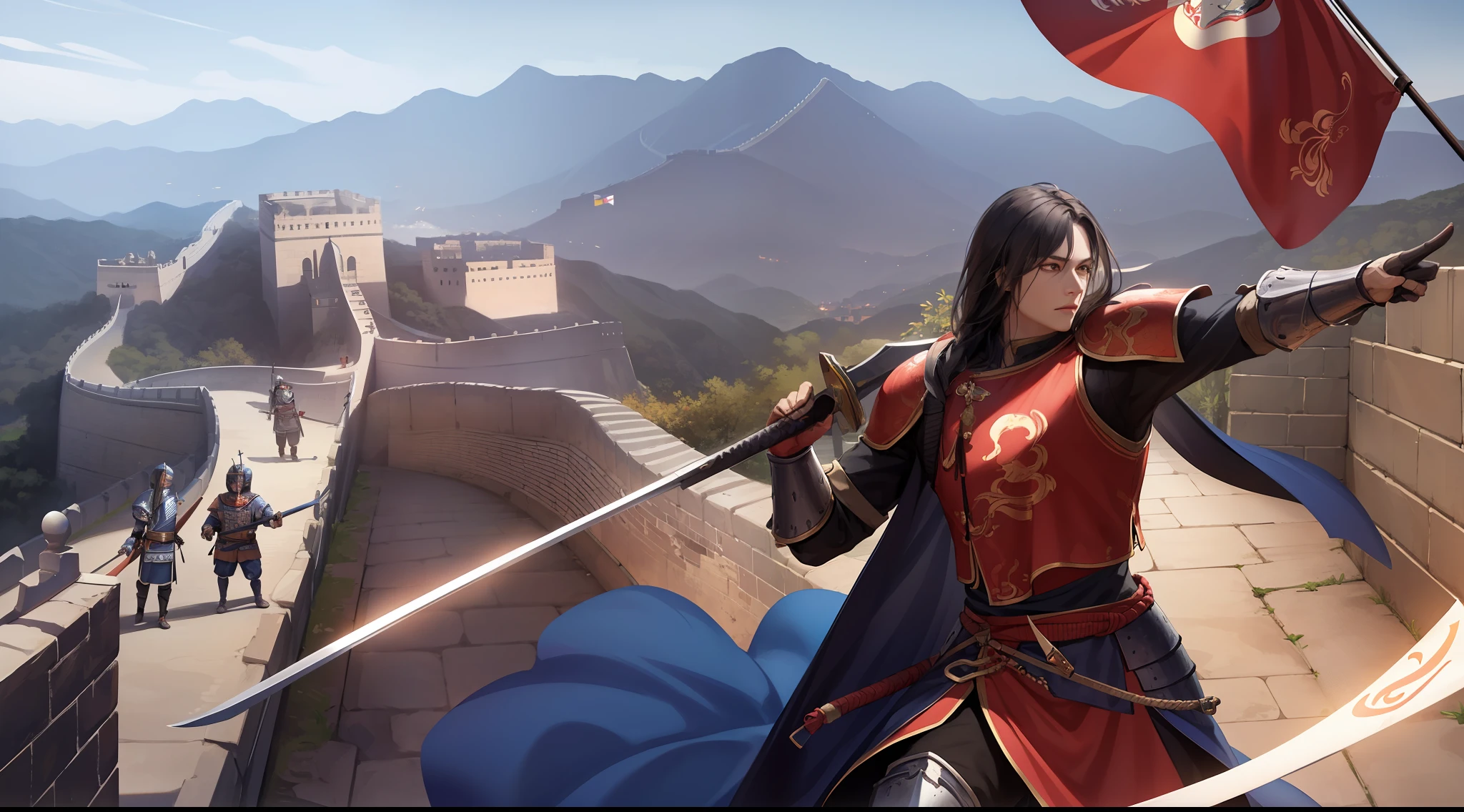 Great Wall, Castle Upstairs, (Youth, Black Hair, Great Tang, Armor, Flag, Long Sword) (Warrior), Special Effects